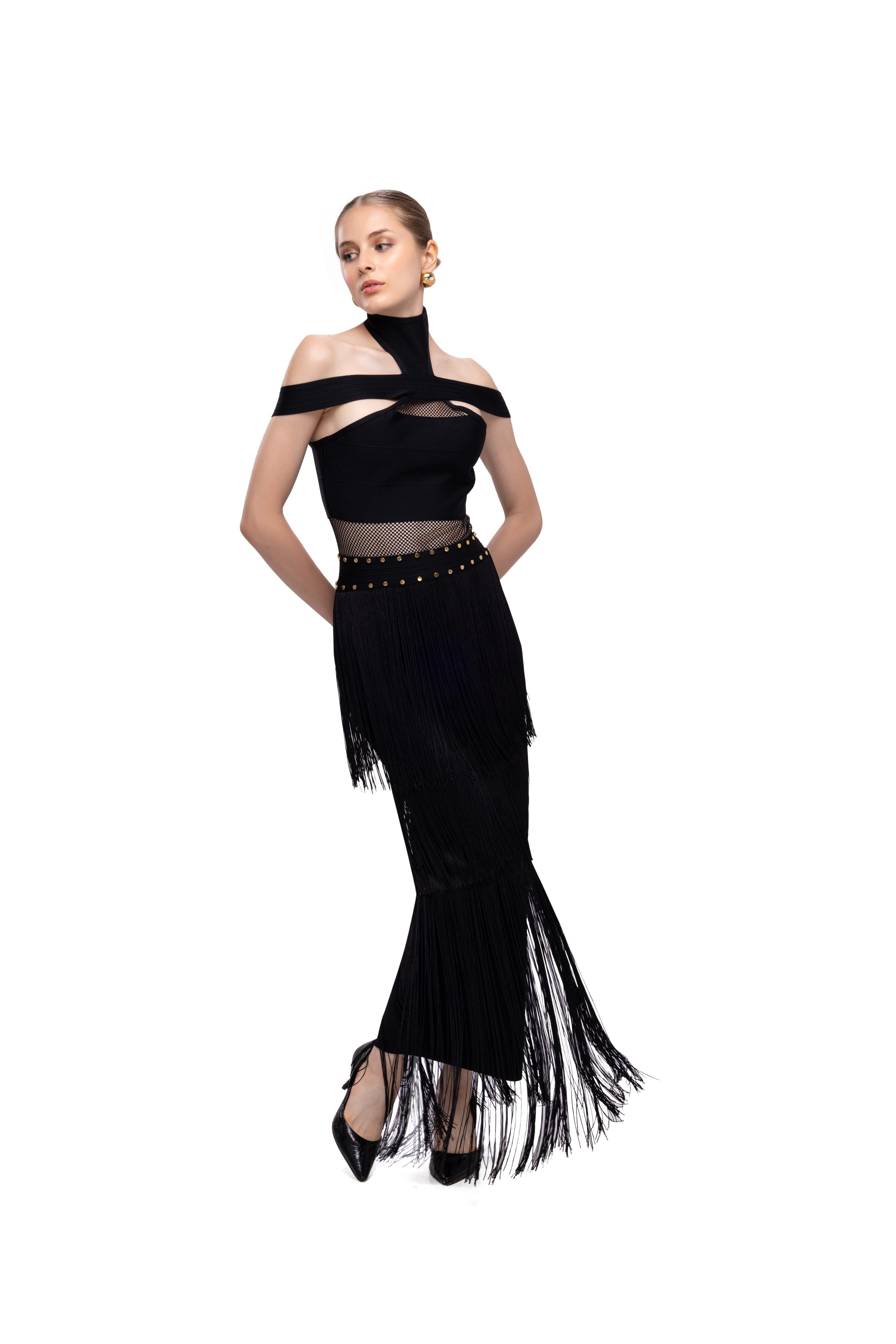 Black solid long high neck off shoulder sleeveless bandage frill lace dress