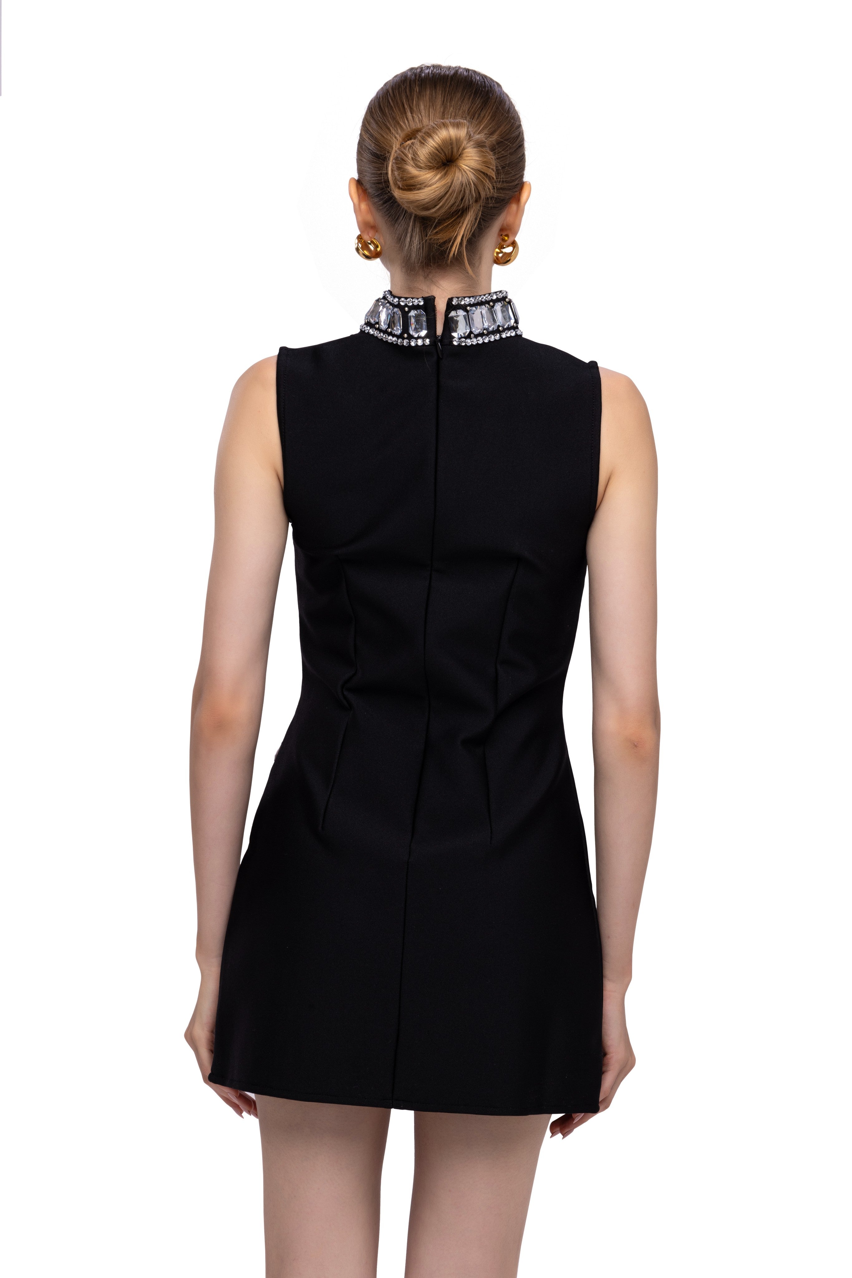 Mock neck Rhinestone sleeve less mini dress Black