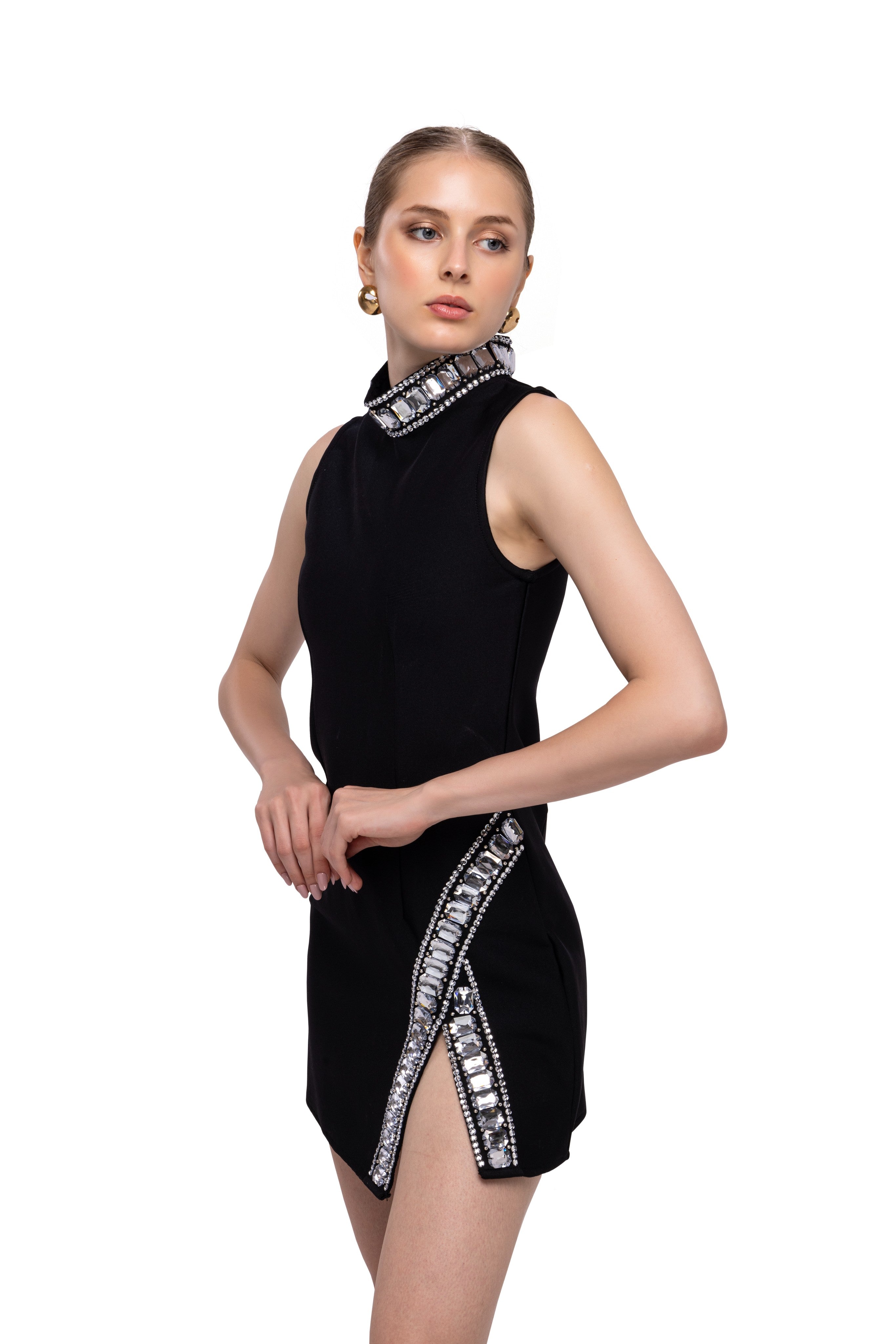 Mock neck Rhinestone sleeve less mini dress Black