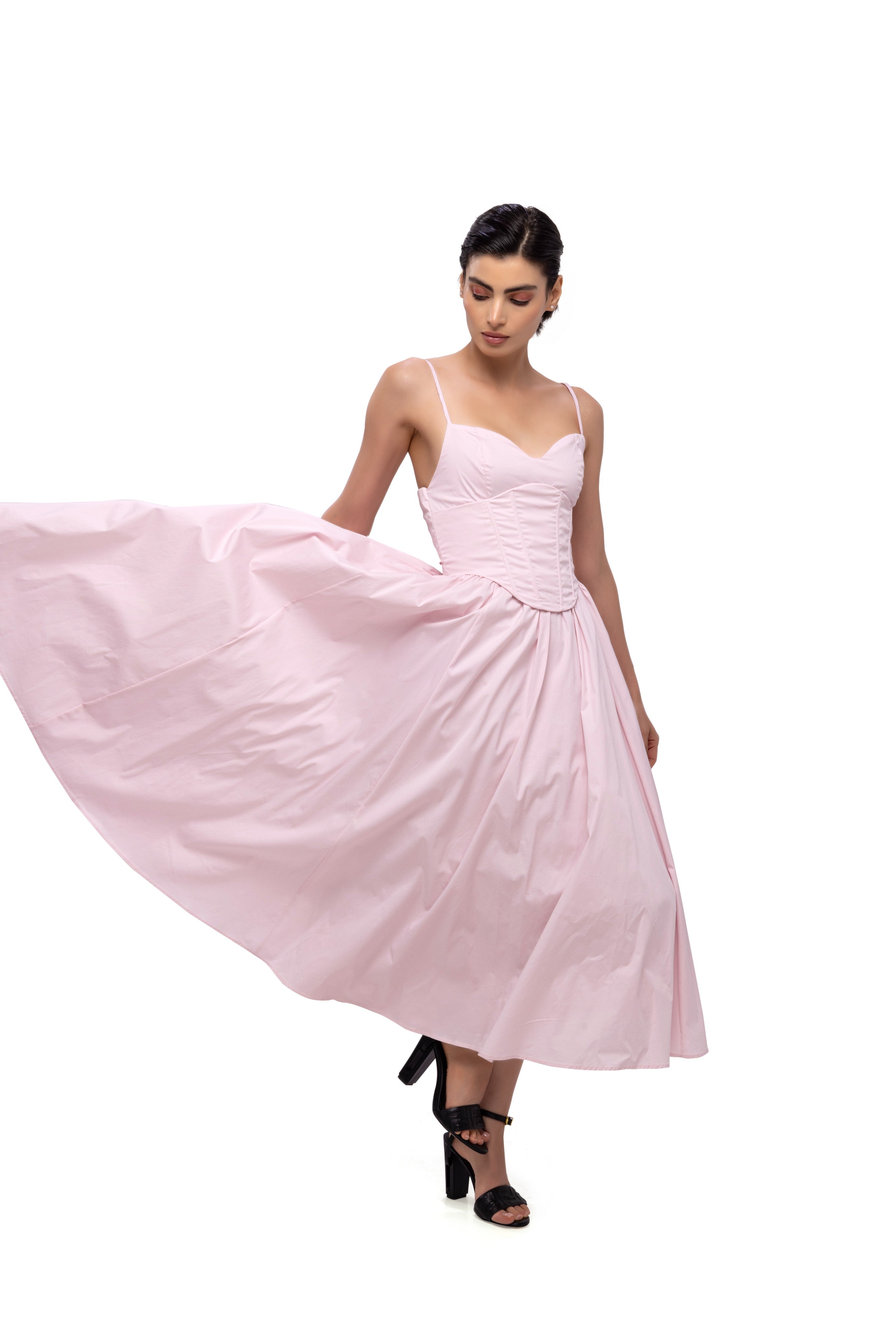 Solid Spaghetti Straps long princess dress Pink