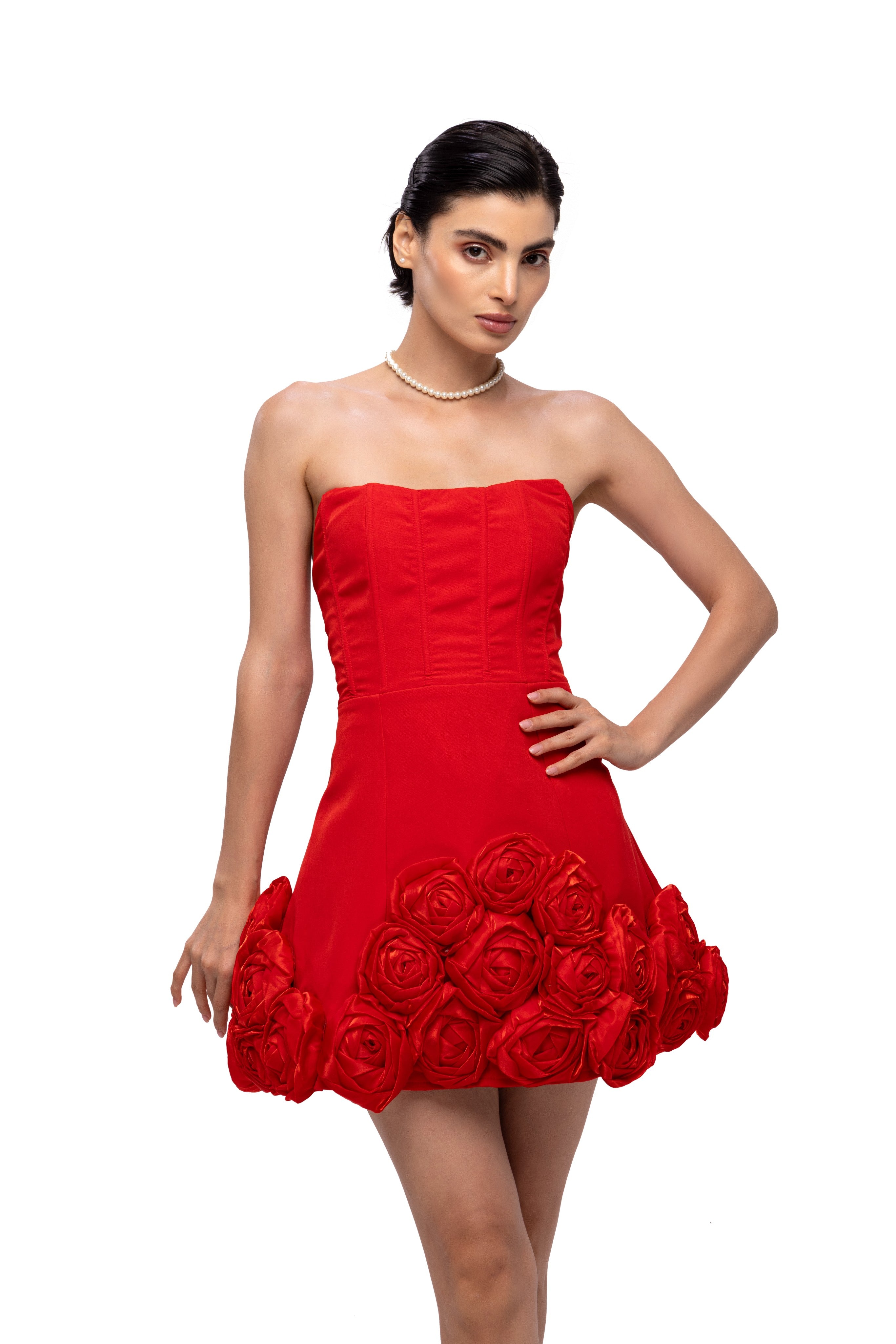 solid off shoulder flower baloon short dress Red