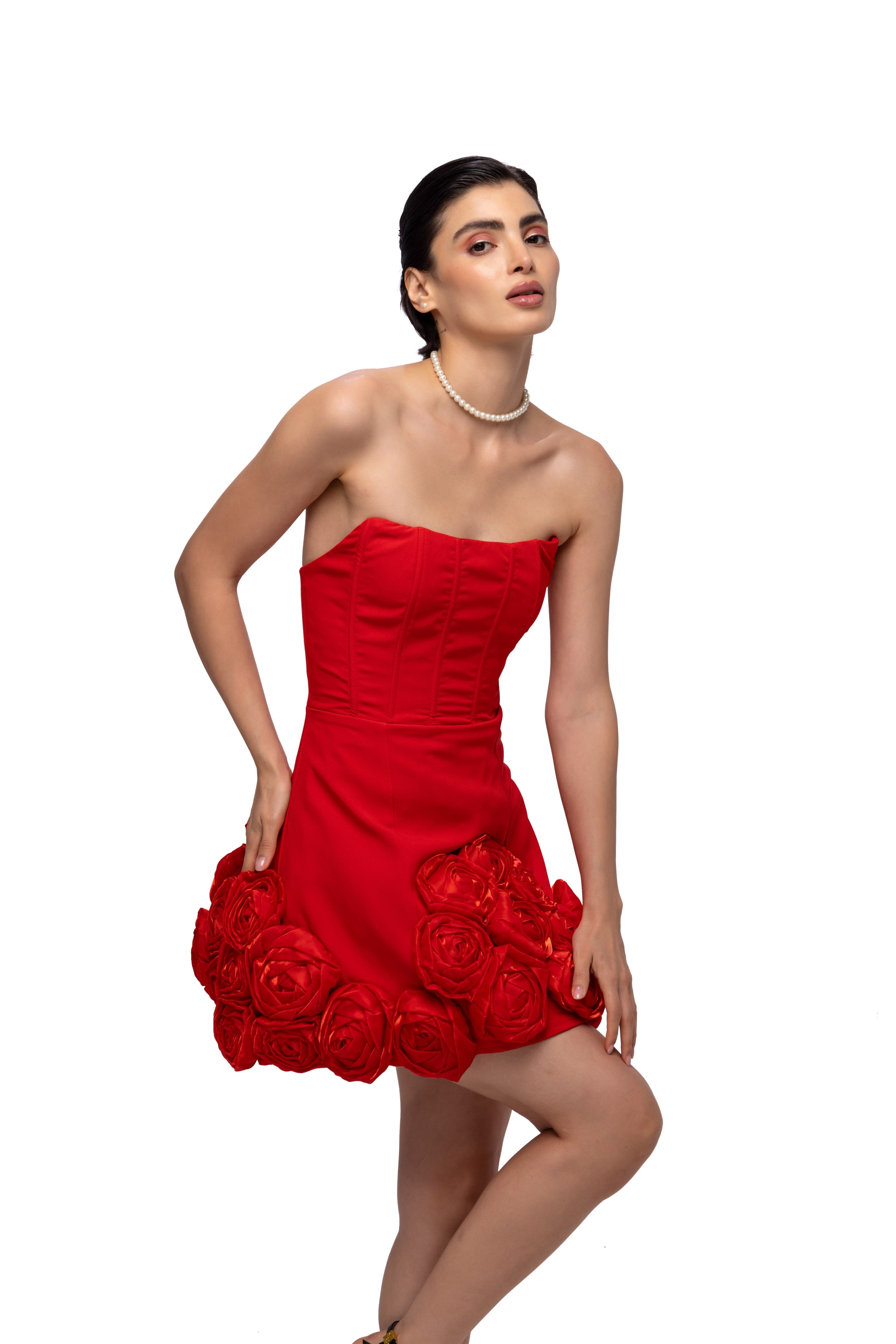 solid off shoulder flower baloon short dress Red