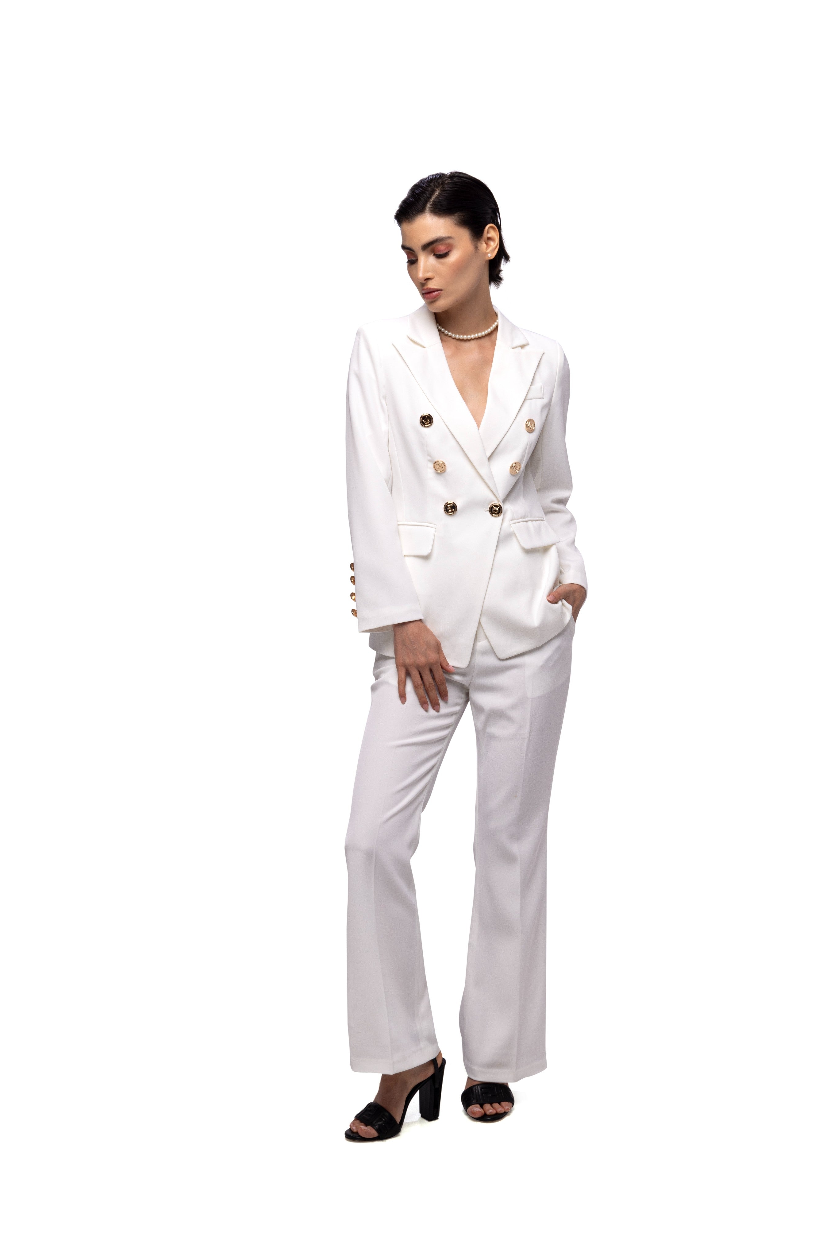 Solid fully lined lapel Collar long sleeve button closer suitset White