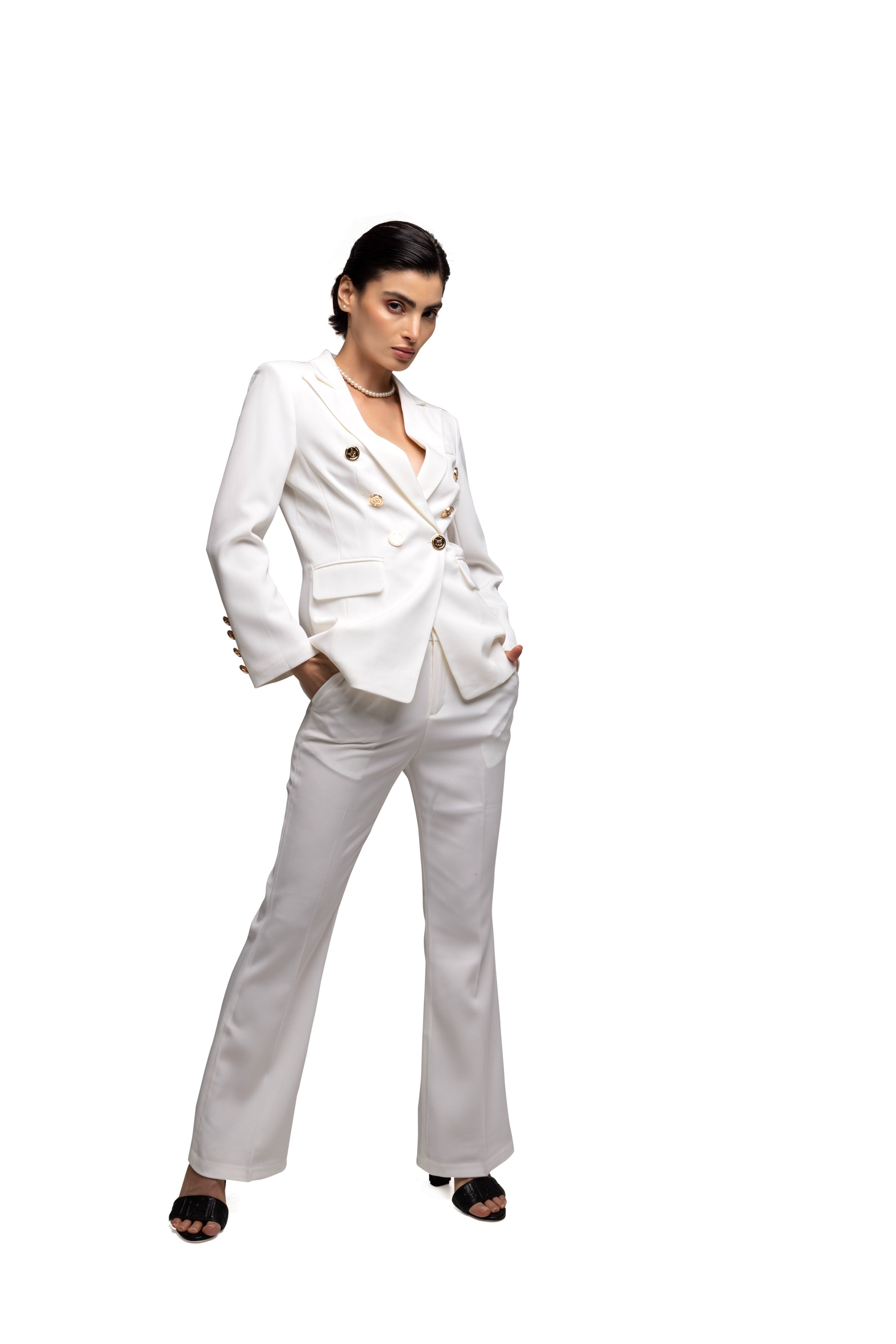 Solid fully lined lapel Collar long sleeve button closer suitset White