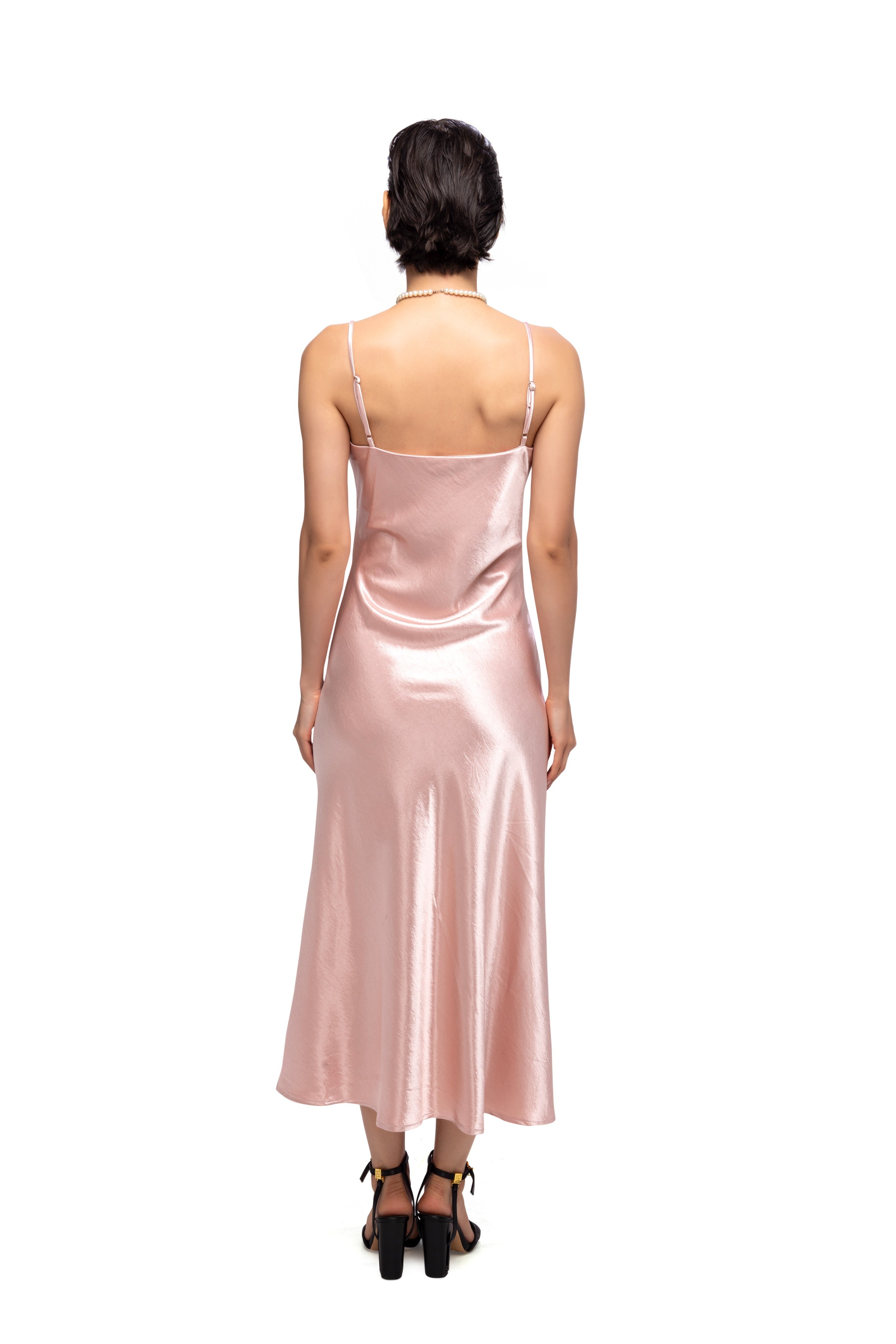 Solid Spaghetti Straps satin midi dress Pink