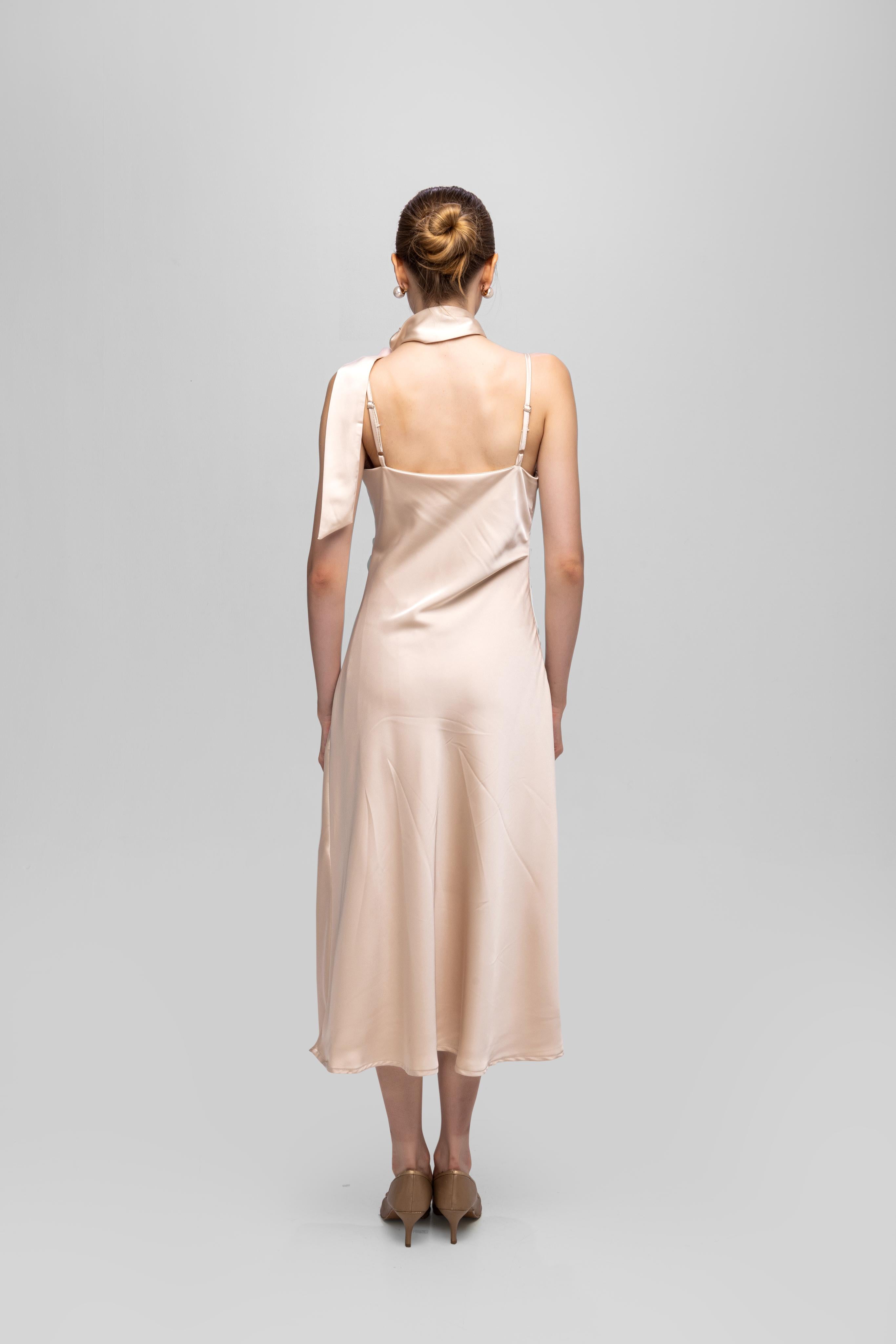 Solid Spaghetti Straps satin midi dress Off White
