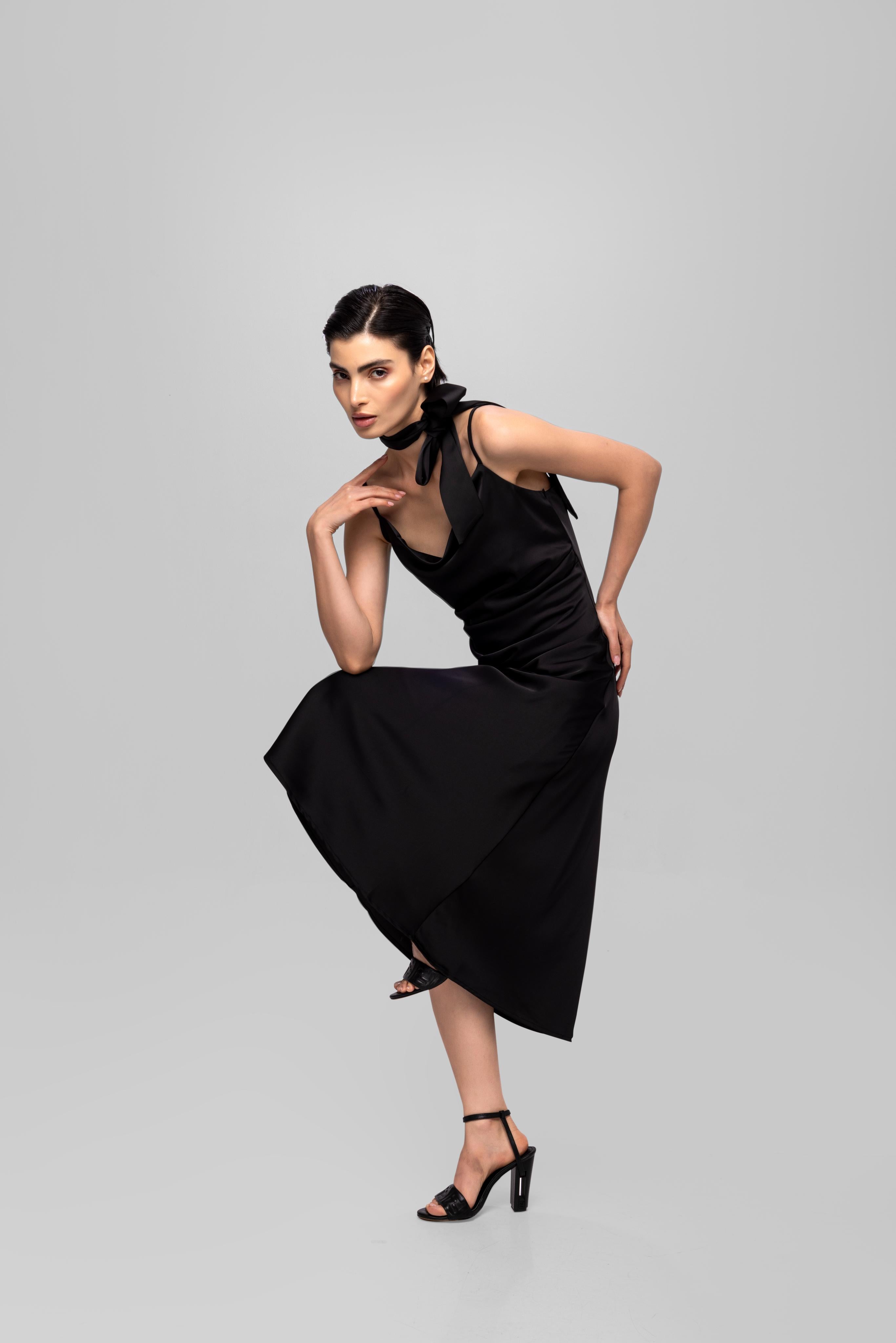 Solid Spaghetti Straps satin midi dress Black