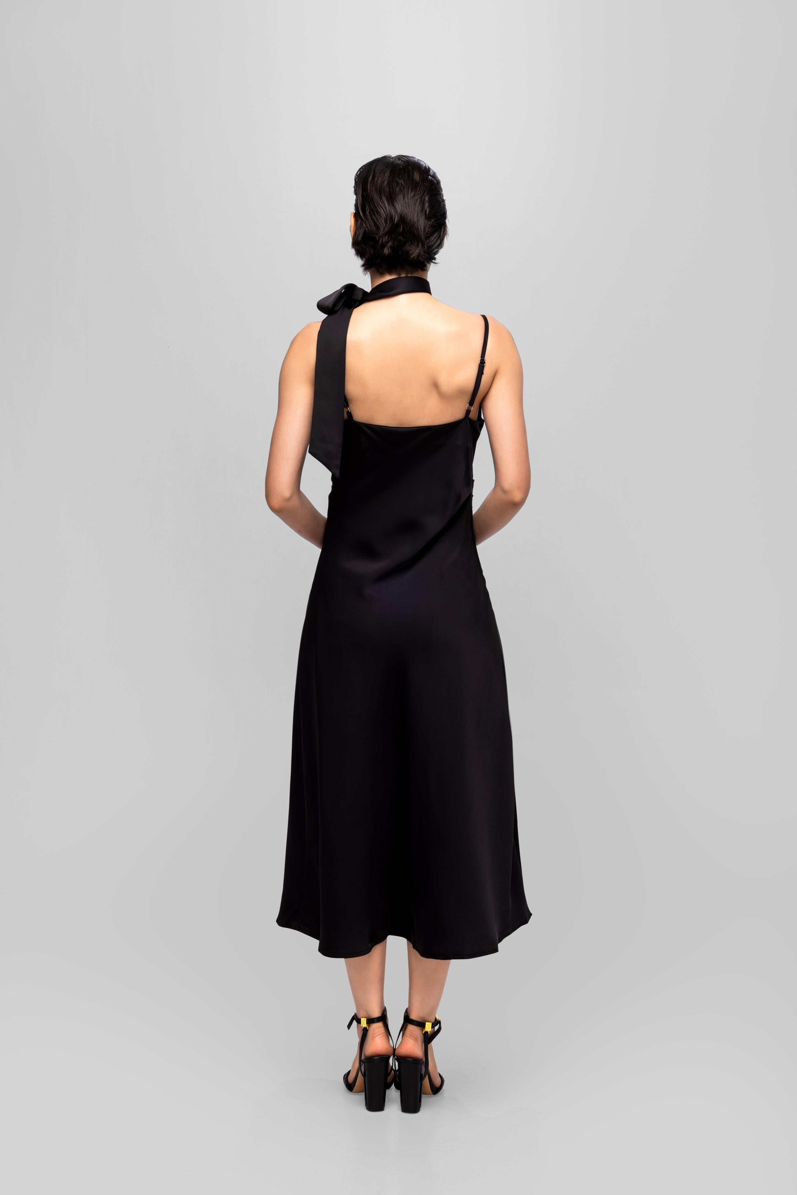 Solid Spaghetti Straps satin midi dress Black