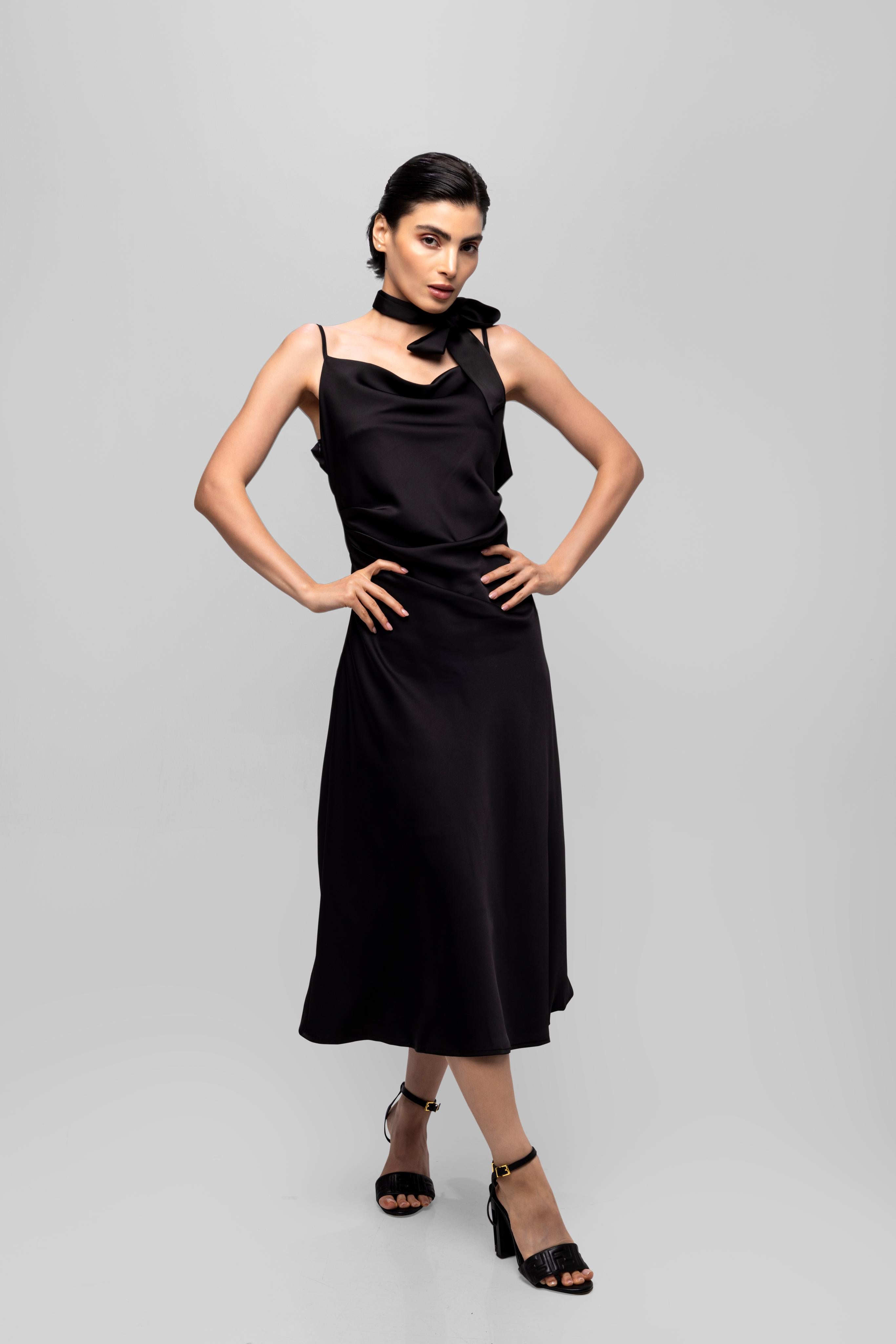 Solid Spaghetti Straps satin midi dress Black