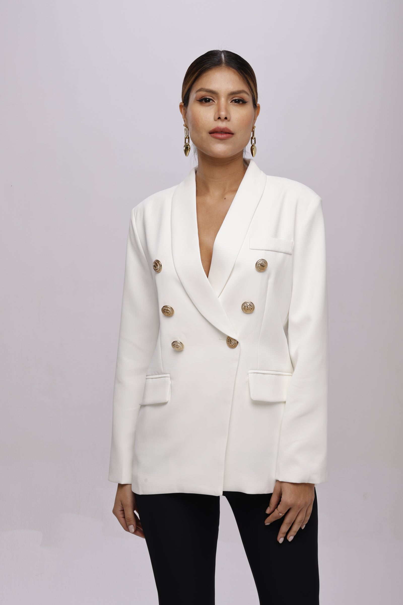 Solid fully lined lapel Collar long sleeve button closer blazer White