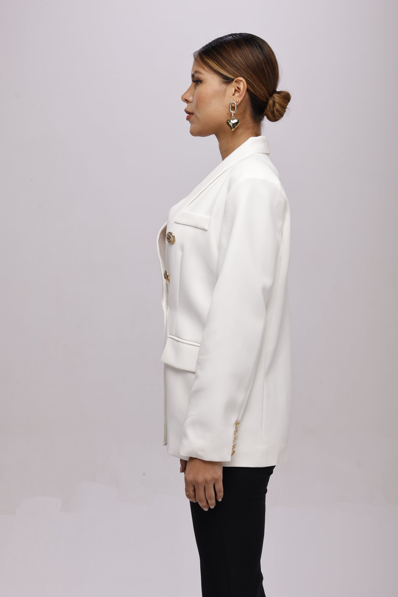 Solid fully lined lapel Collar long sleeve button closer blazer White