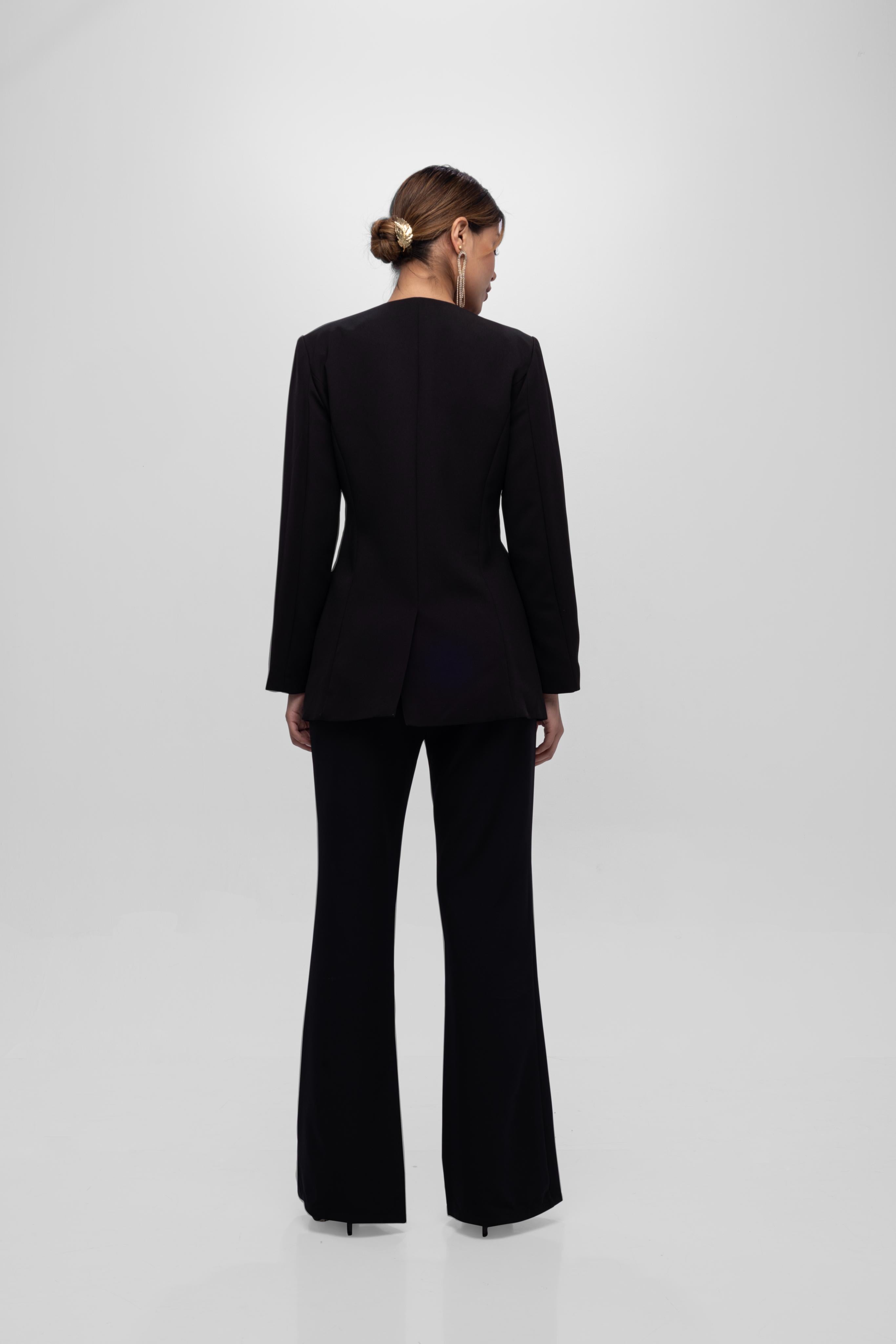 Solid fully lined lapel Collar long sleeve button closer suitset Black