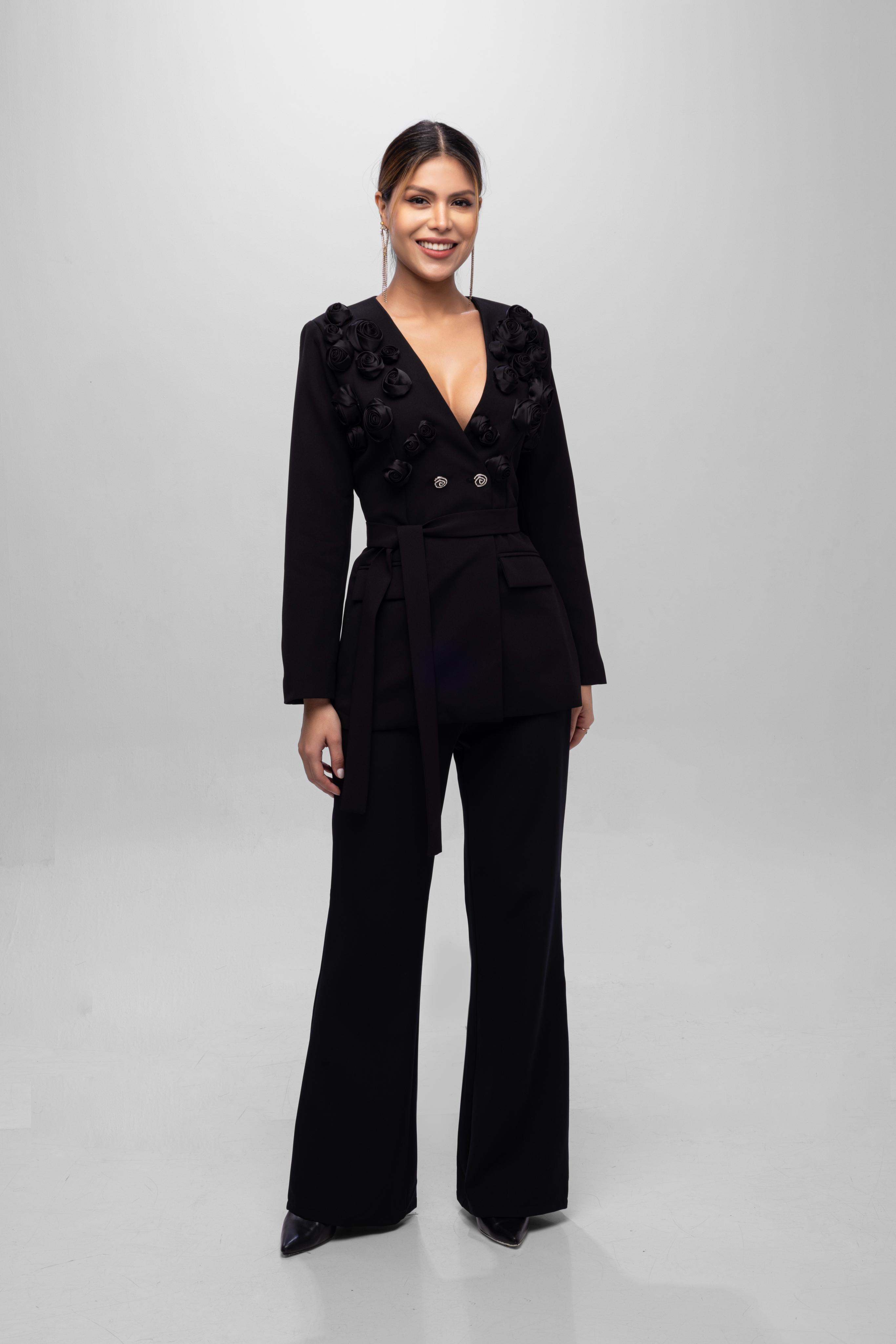Solid fully lined lapel Collar long sleeve button closer suitset Black