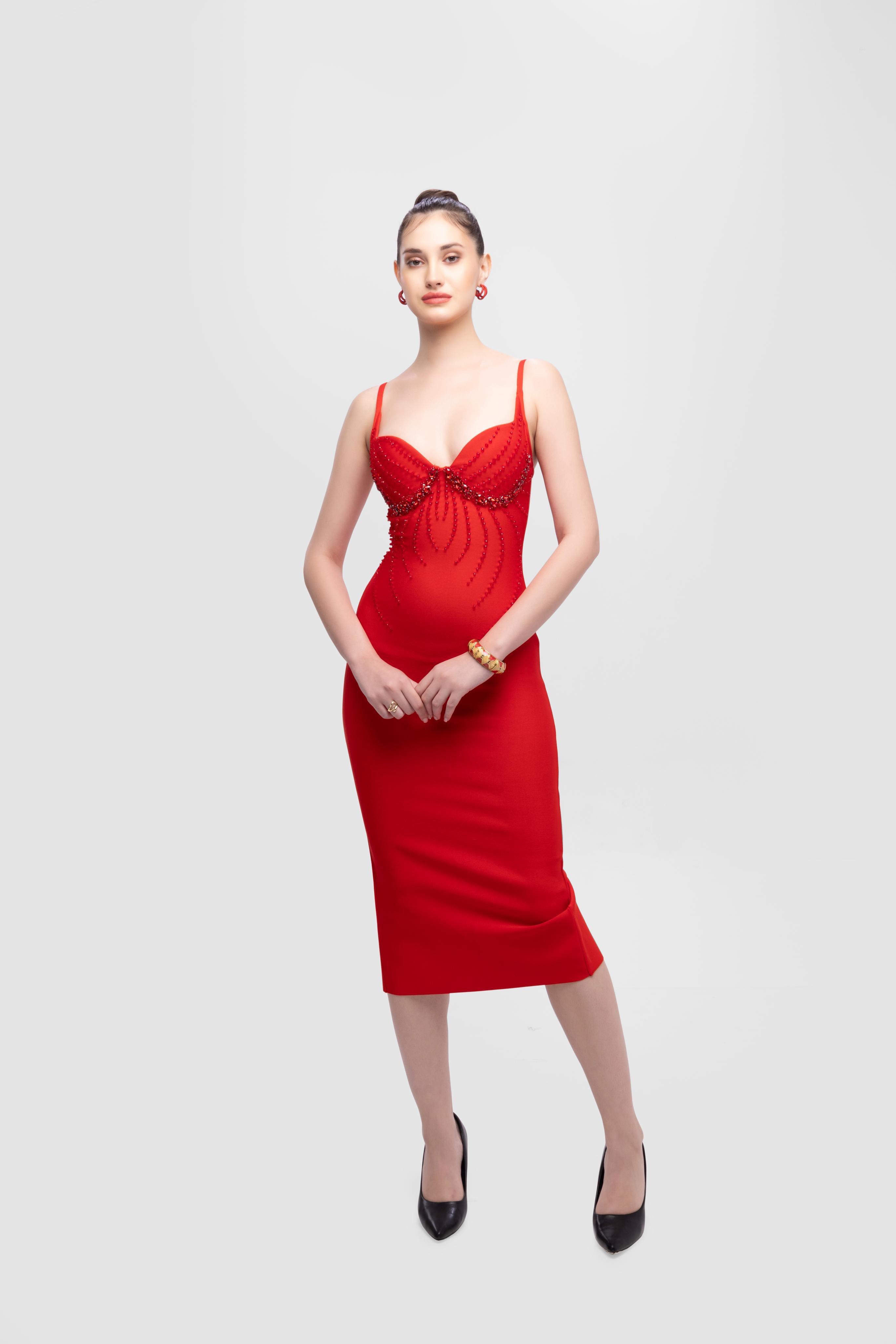 Rhinestone sleeve less midi dress Red