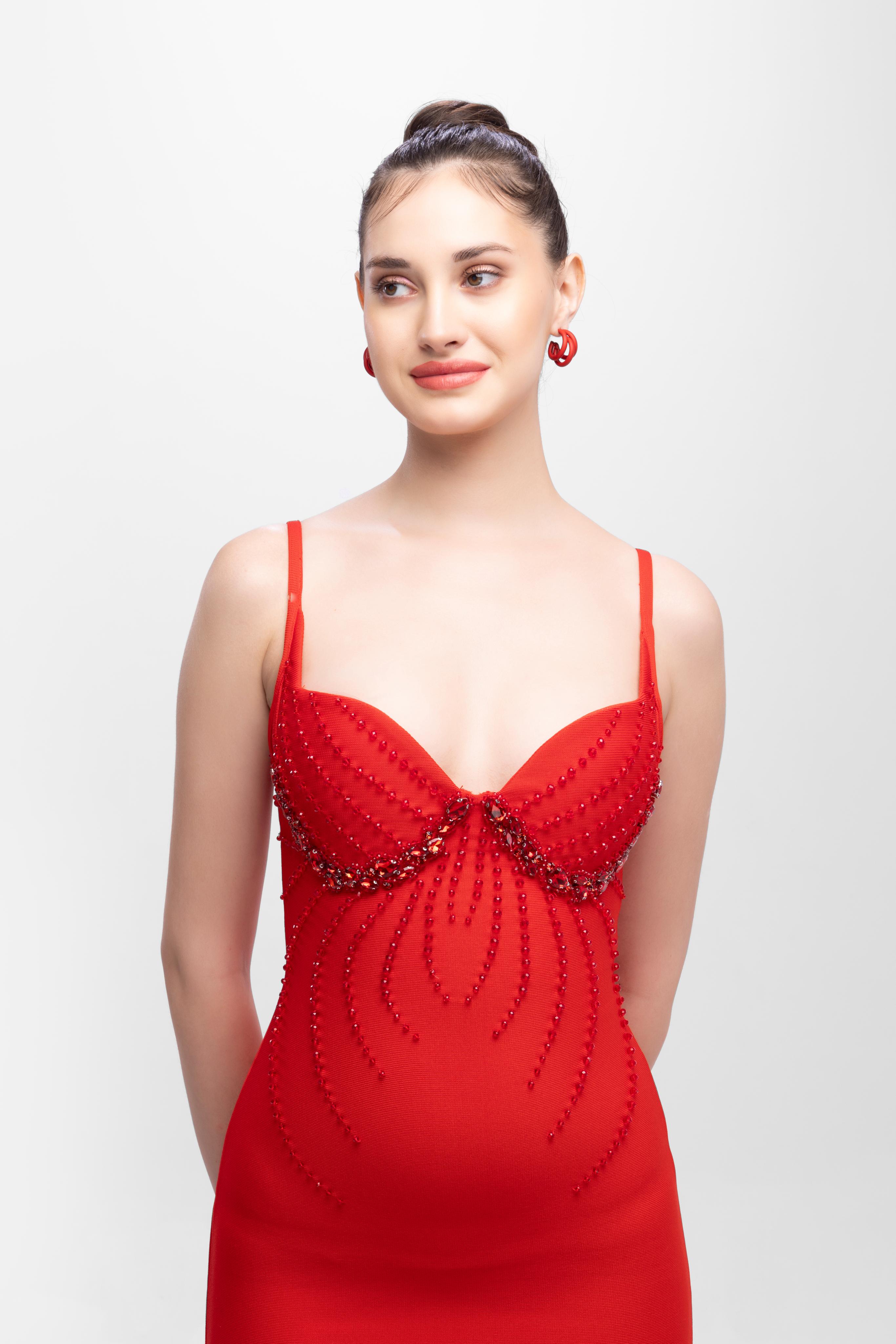 Rhinestone sleeve less midi dress Red