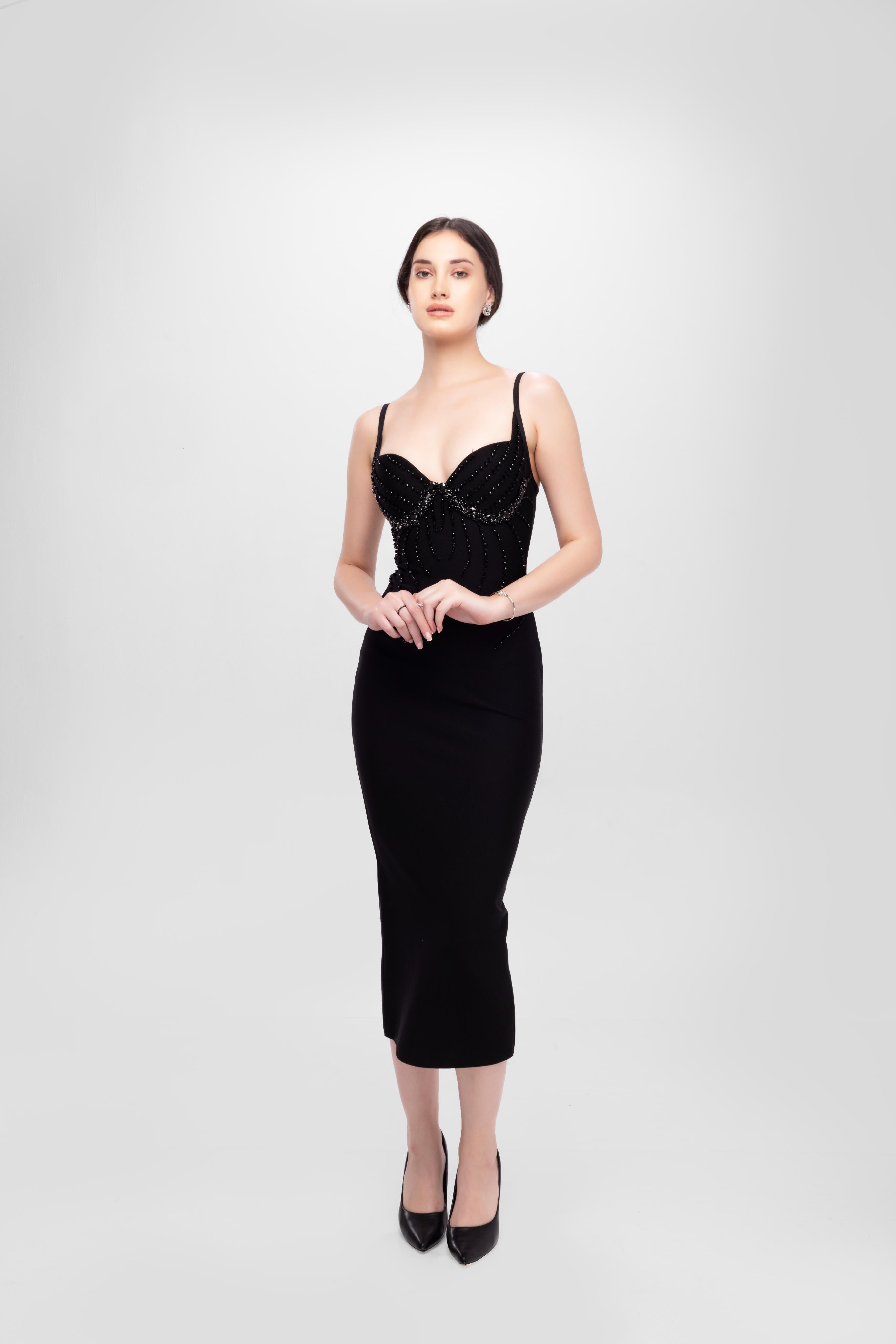 Rhinestone sleeve less midi dress Black