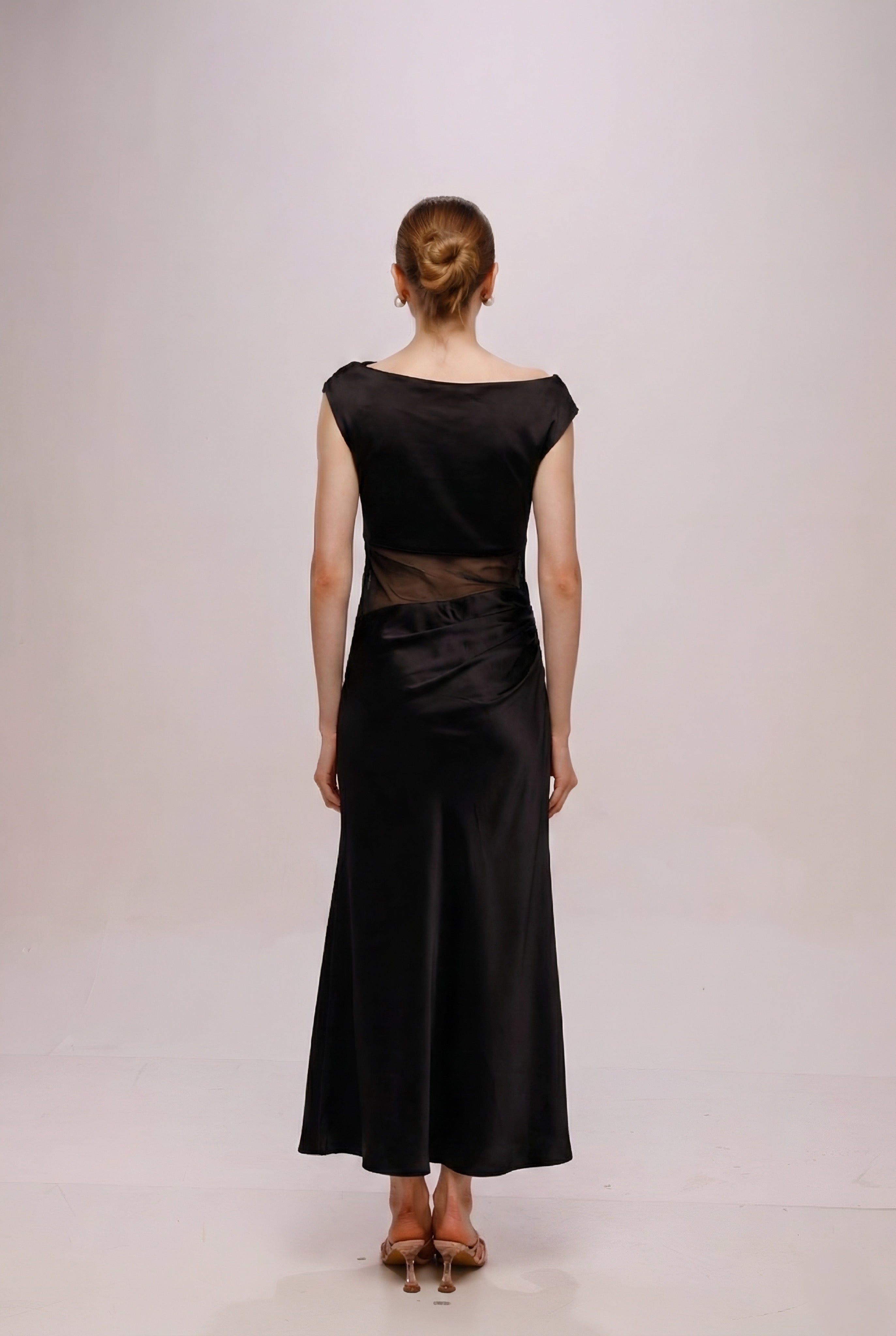 Solid Mesh one shoulder midi dress Black