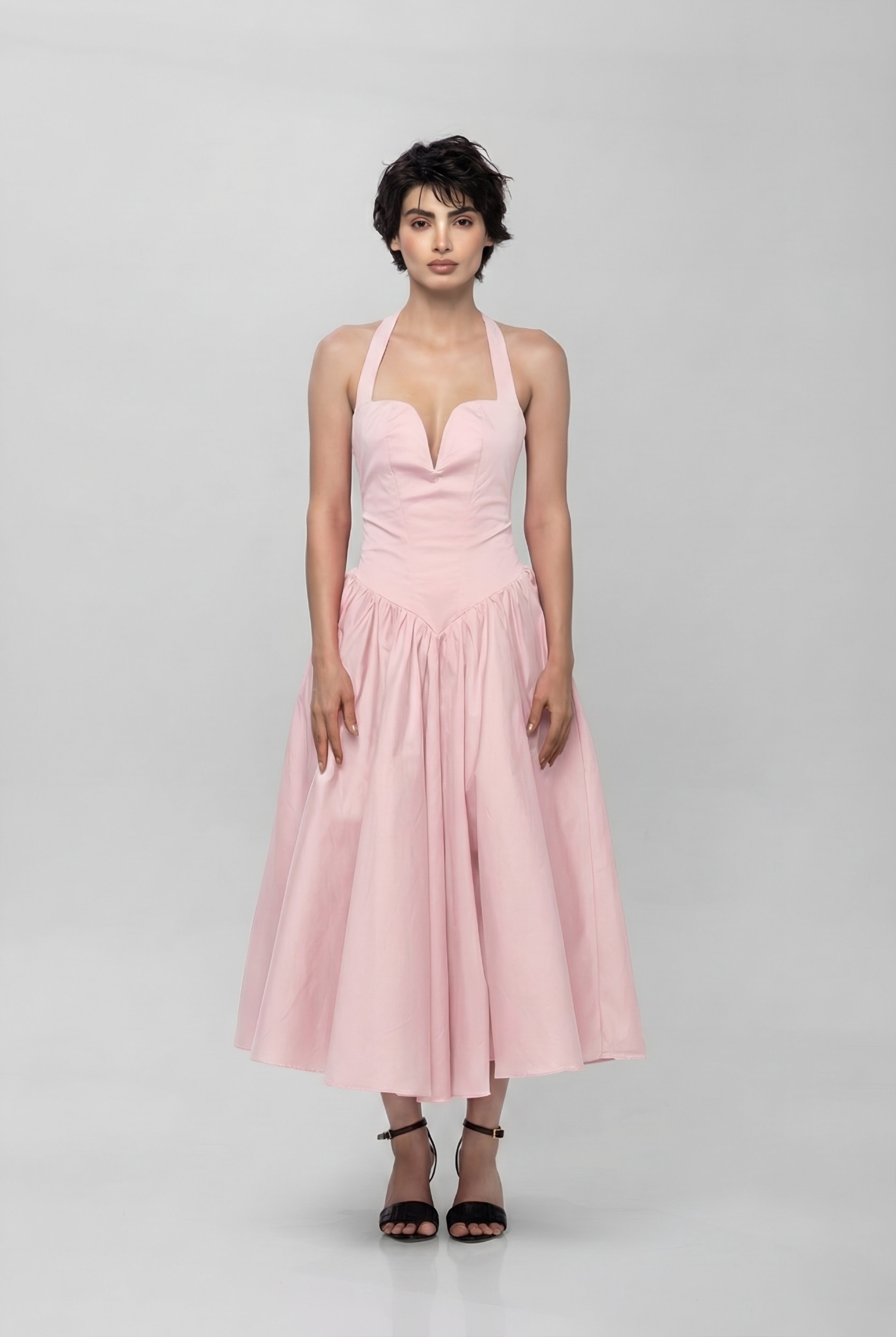 Solid halter neck long princess dress Pink