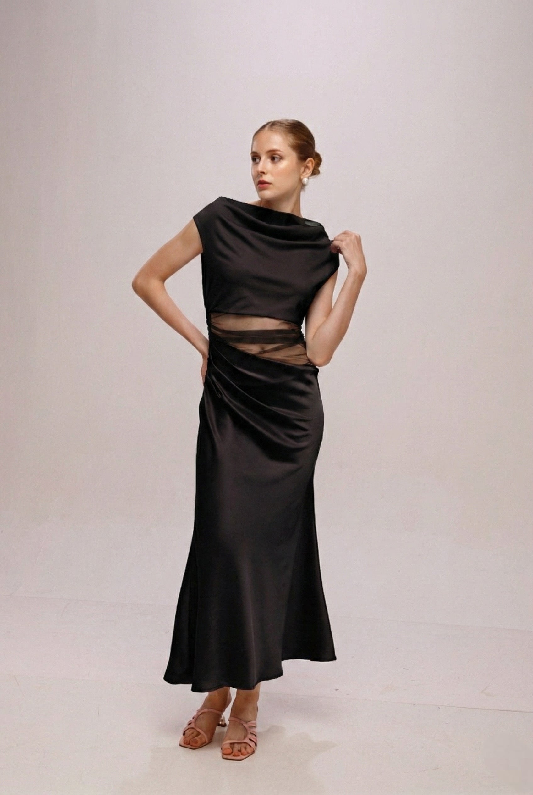 Solid Mesh one shoulder midi dress Black