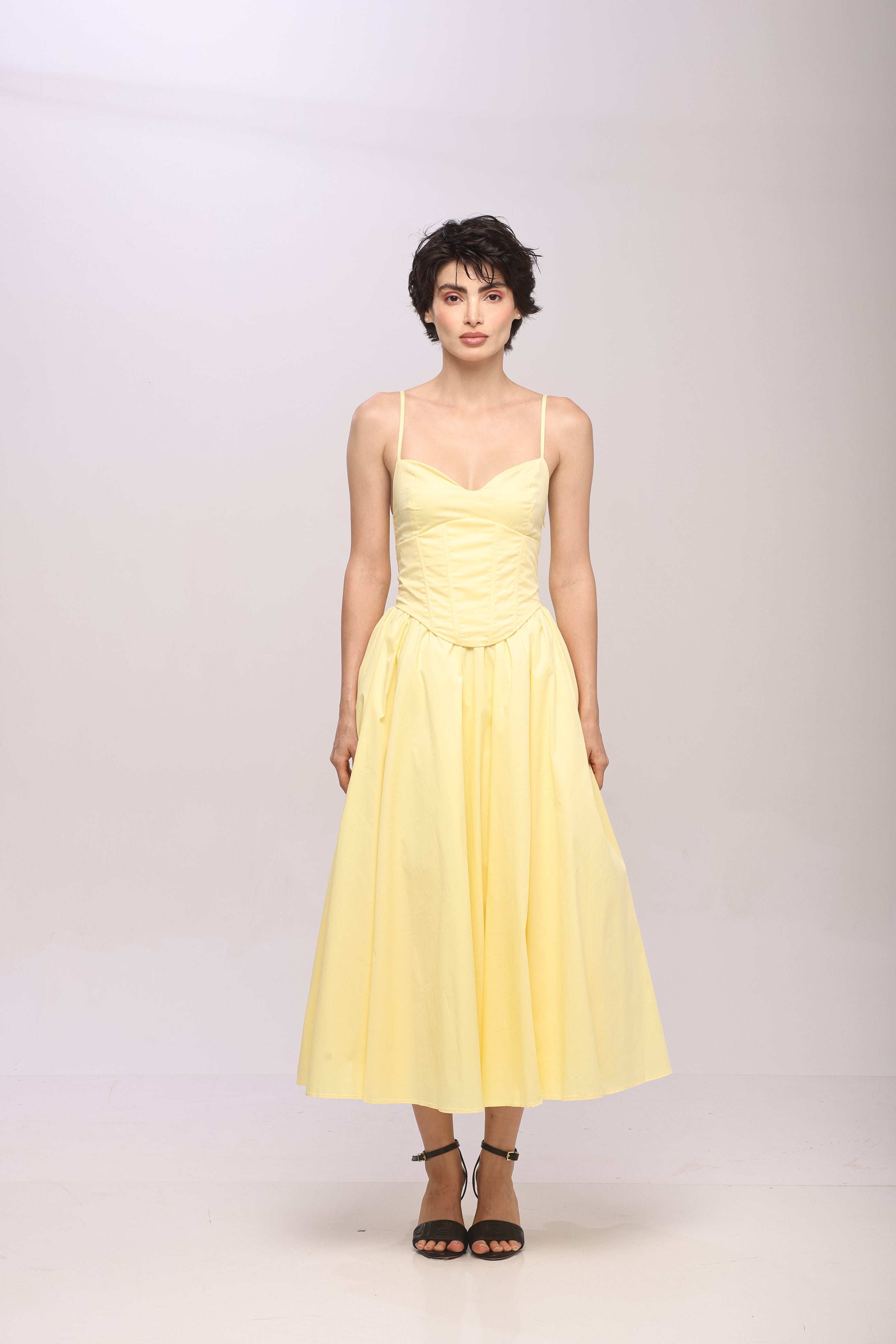 Solid Spaghetti Straps long princess dress Yellow