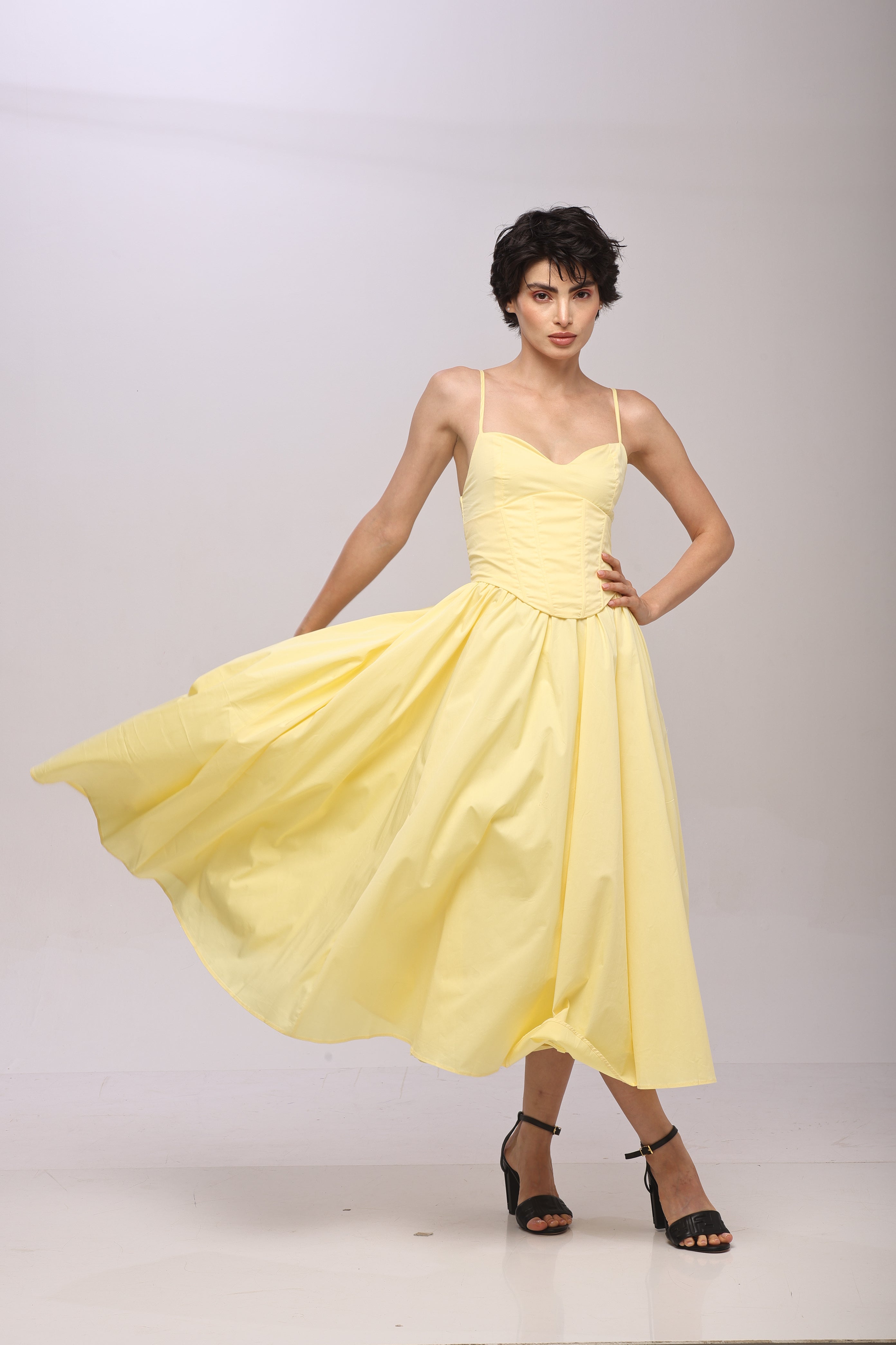 Solid Spaghetti Straps long princess dress Yellow