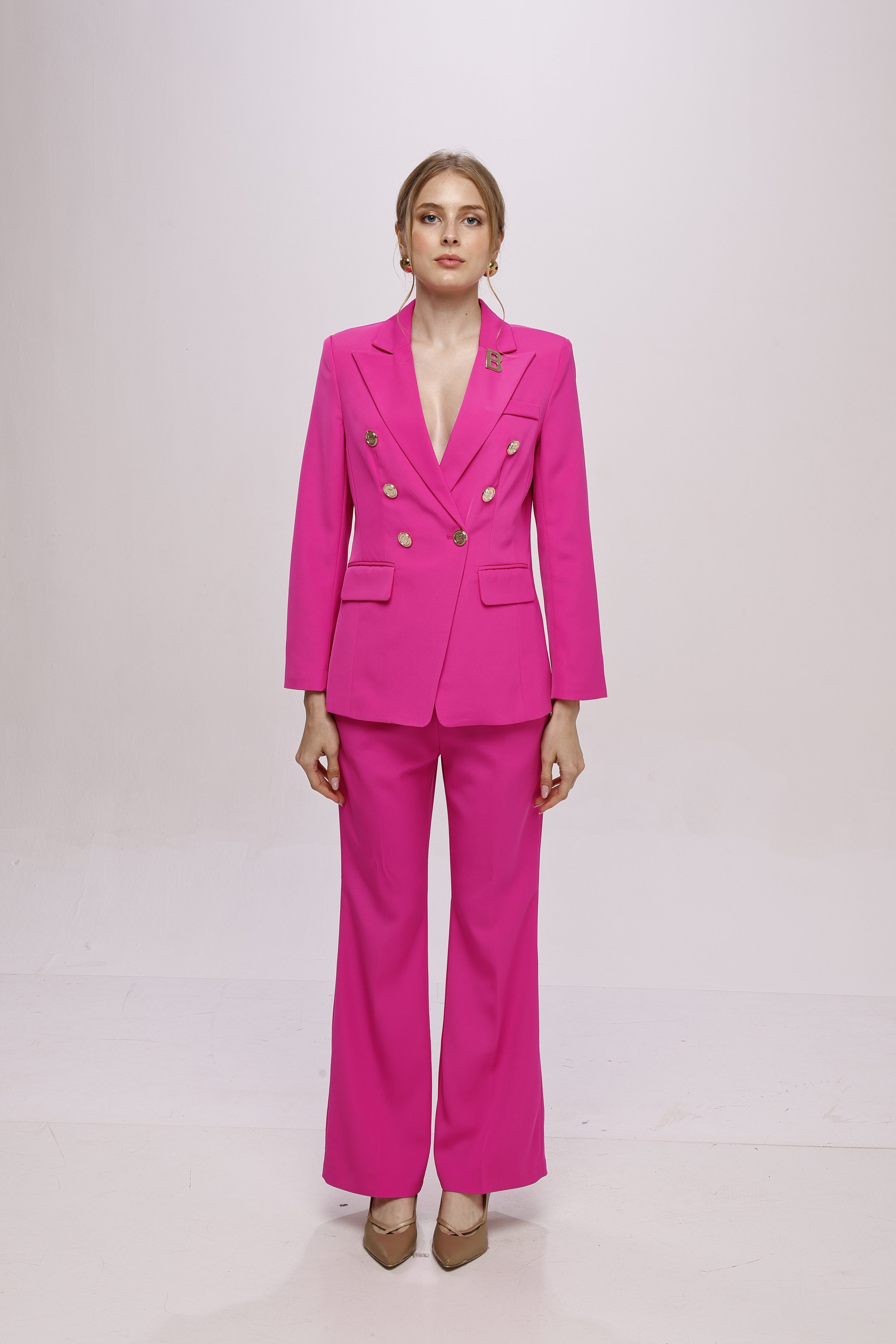 Solid fully lined lapel Collar long sleeve button closer suitset Rose Red