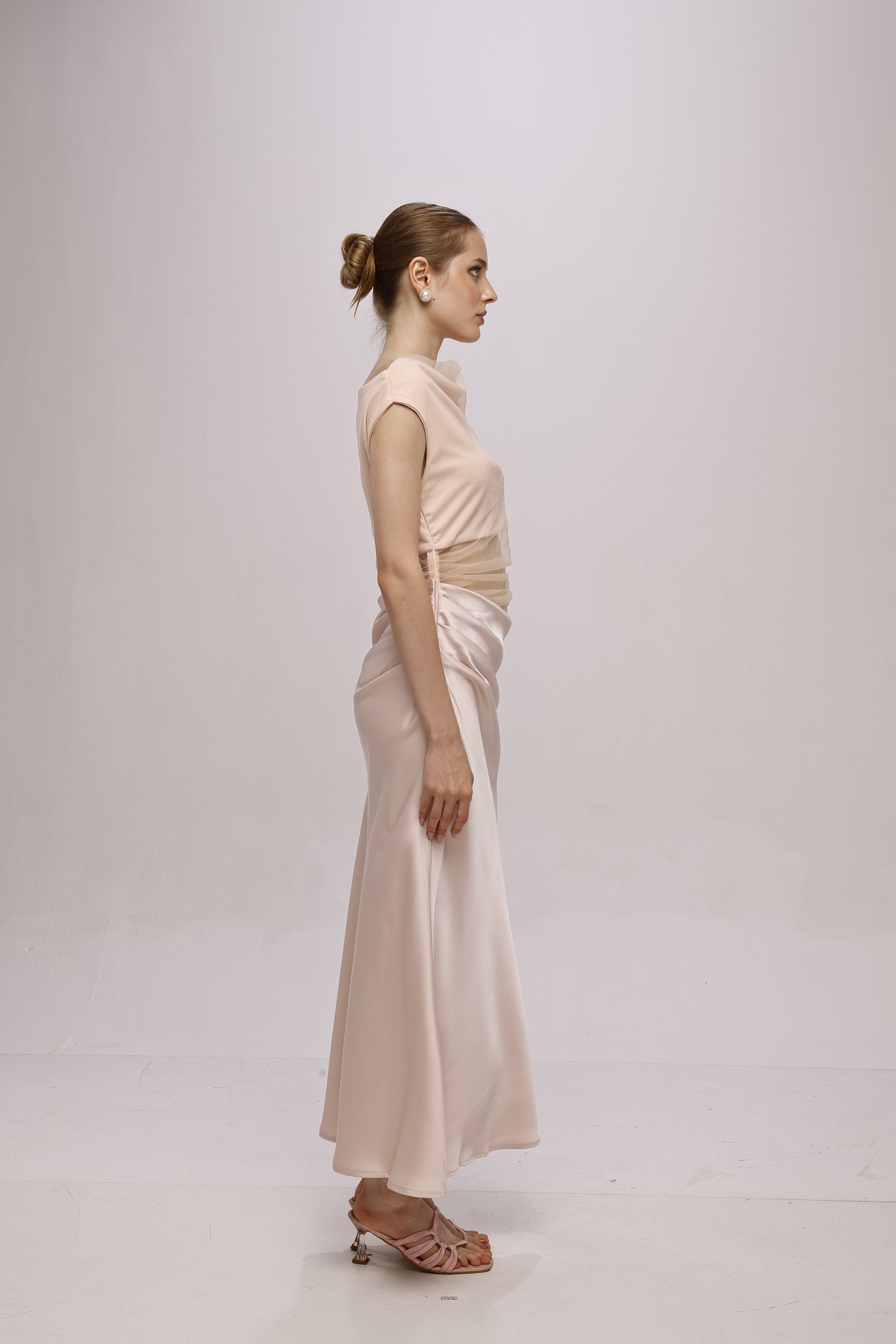 Solid Mesh one shoulder midi dress Pink