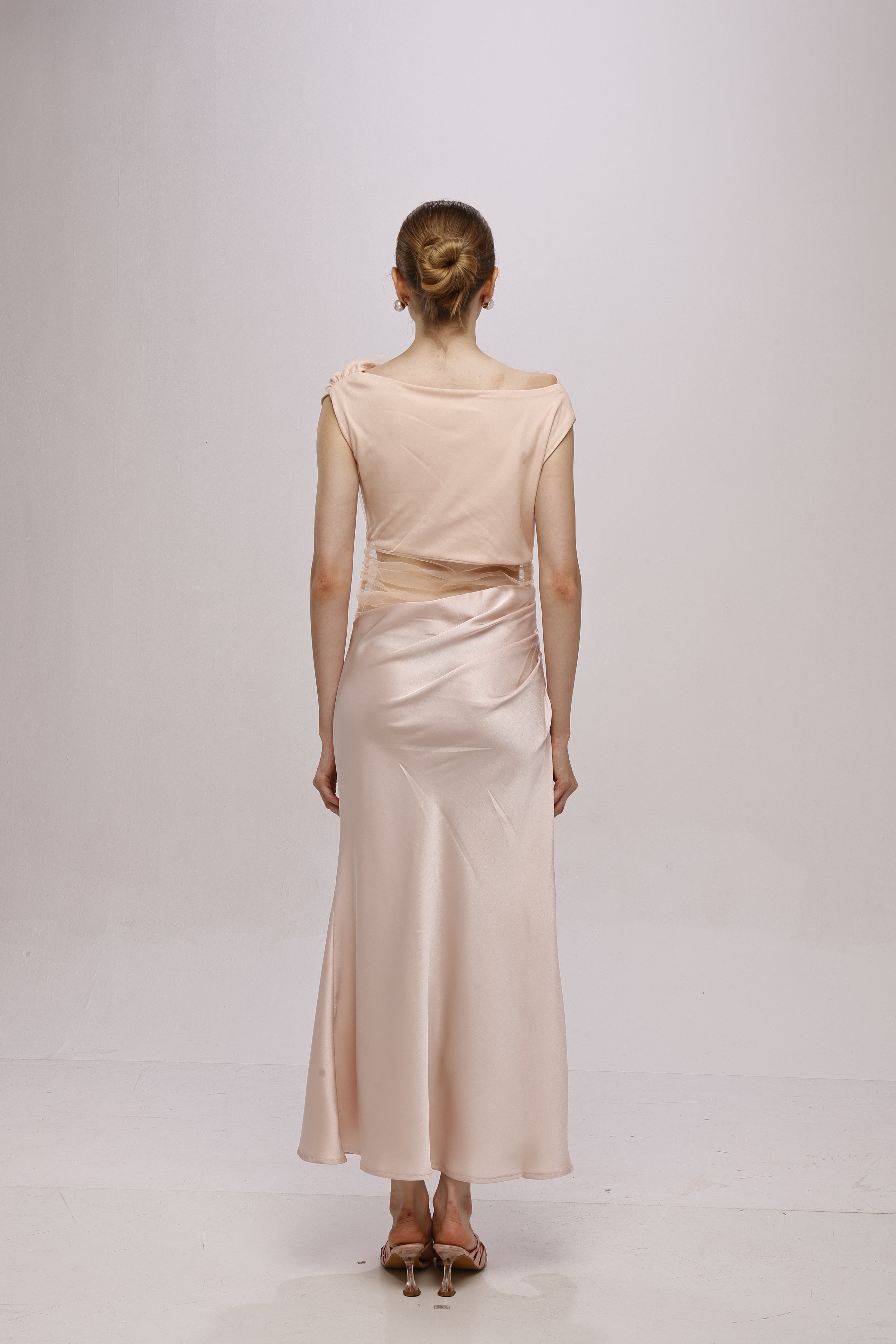 Solid Mesh one shoulder midi dress Pink
