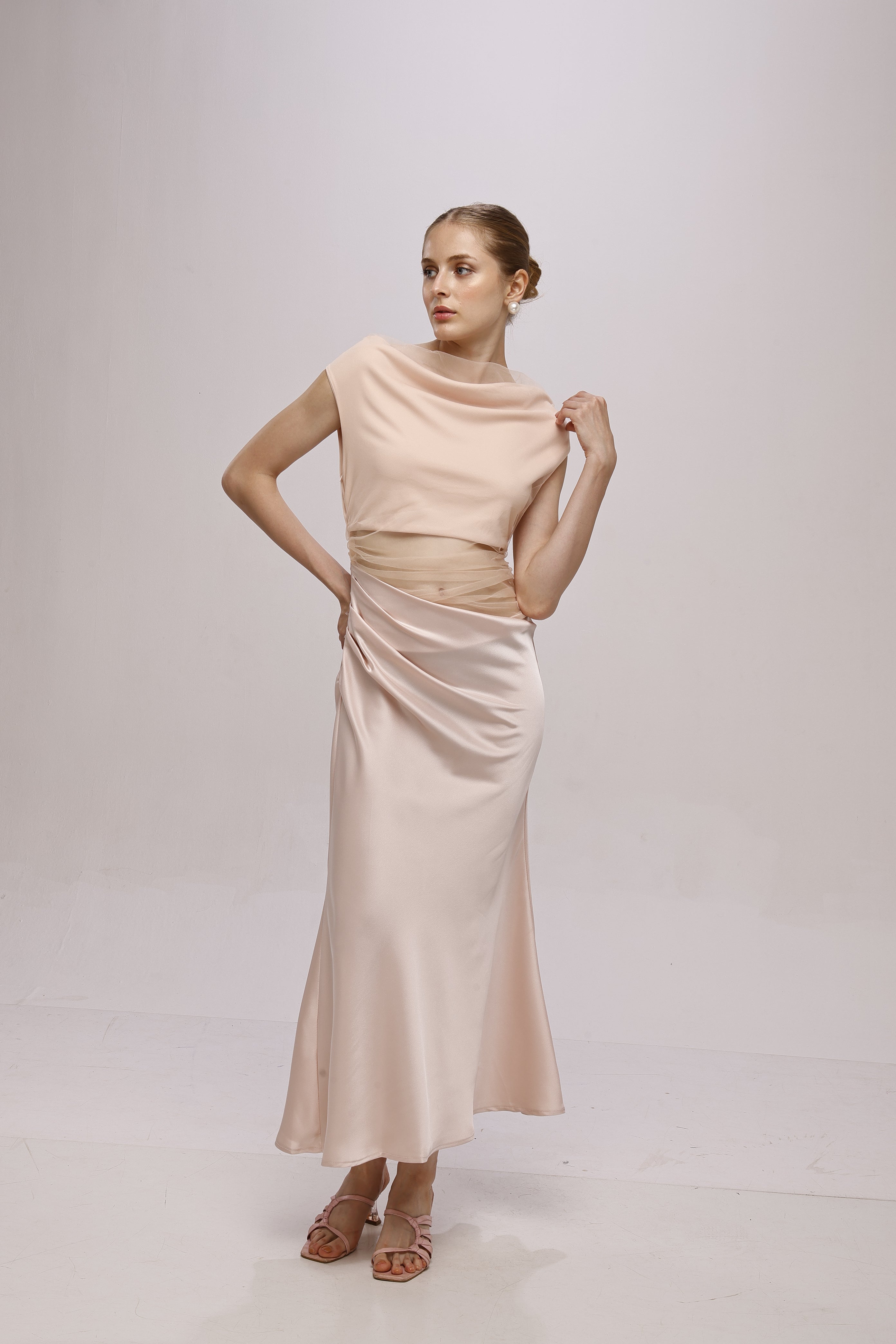 Solid Mesh one shoulder midi dress Pink