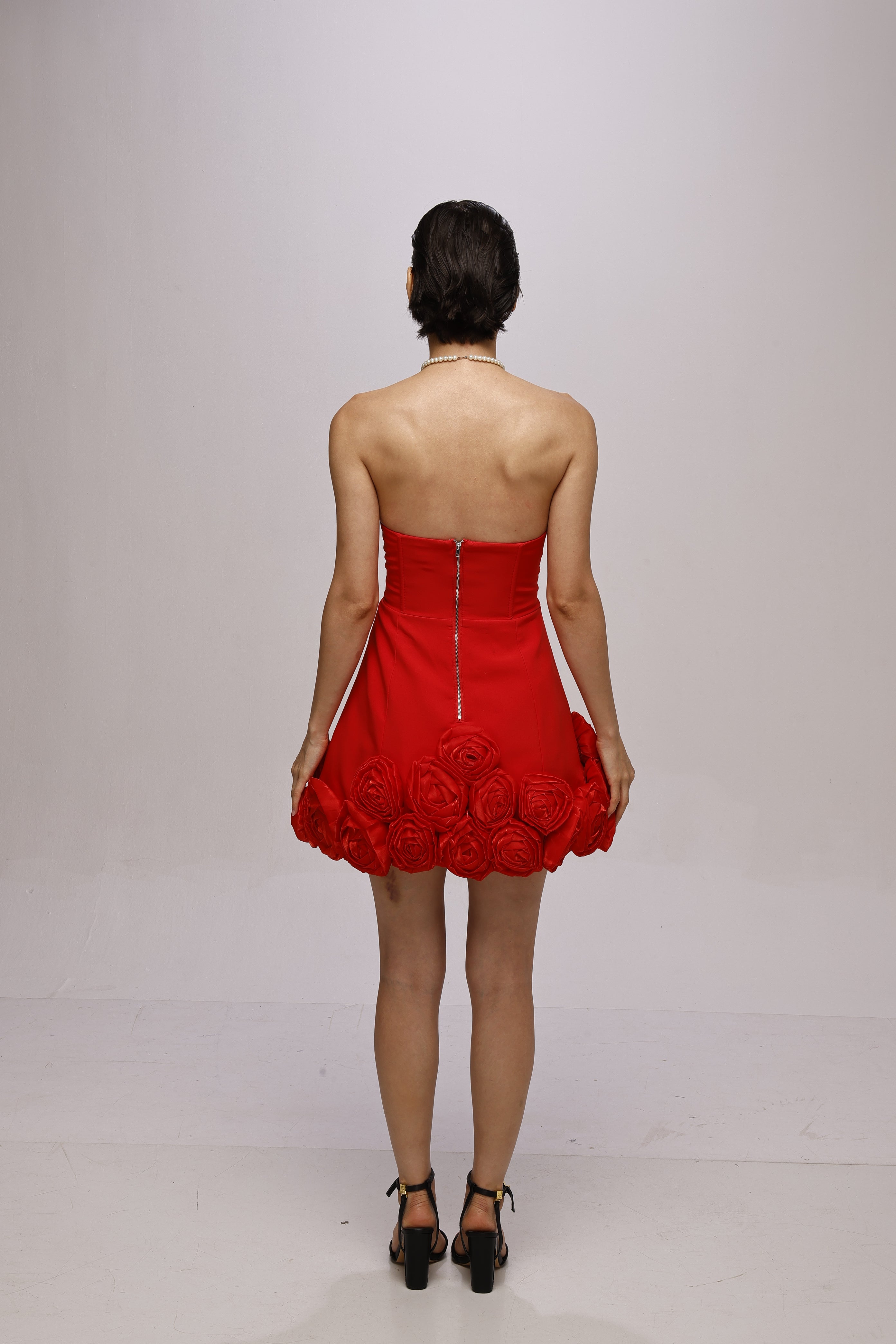 solid off shoulder flower baloon short dress Red