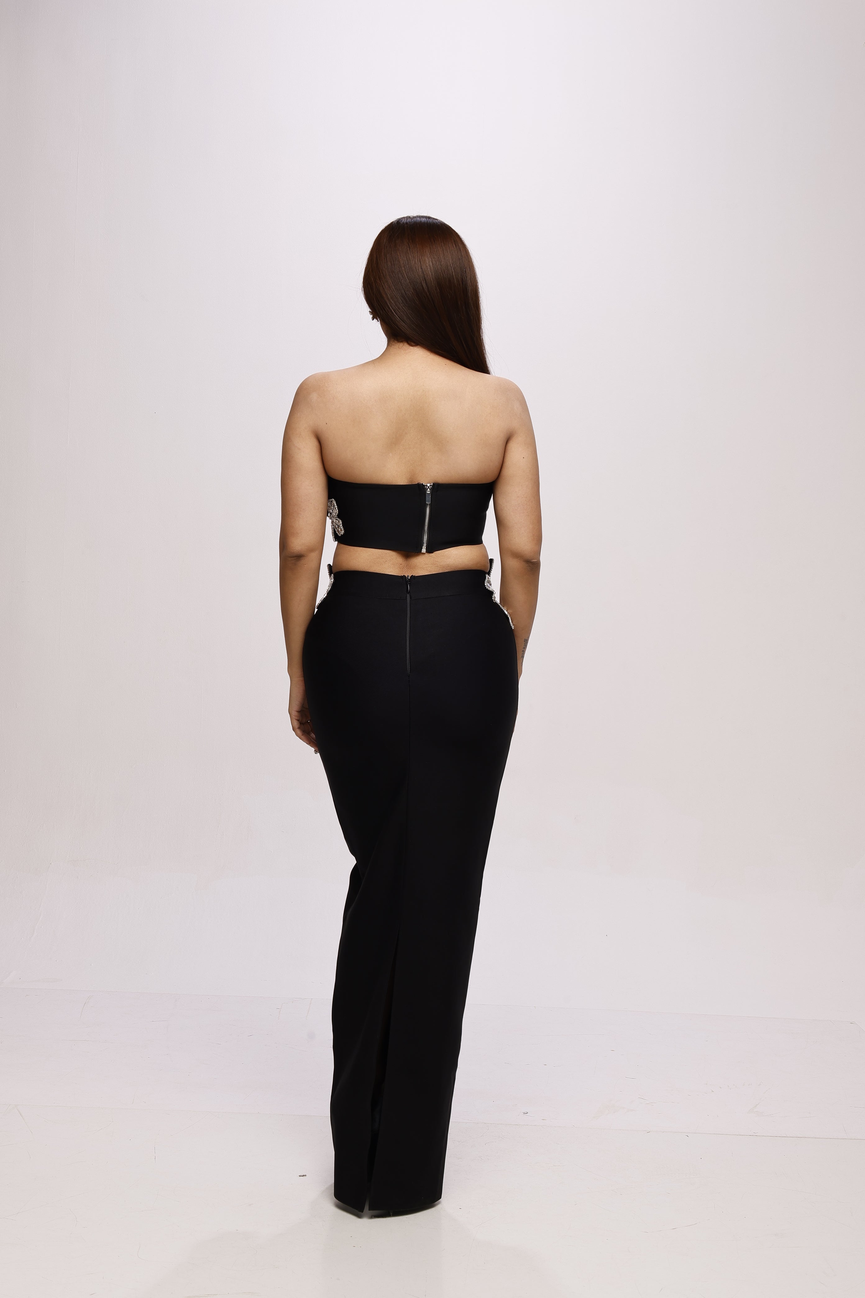 Black solid tube top and skirt bandage rhinestone co-ord set