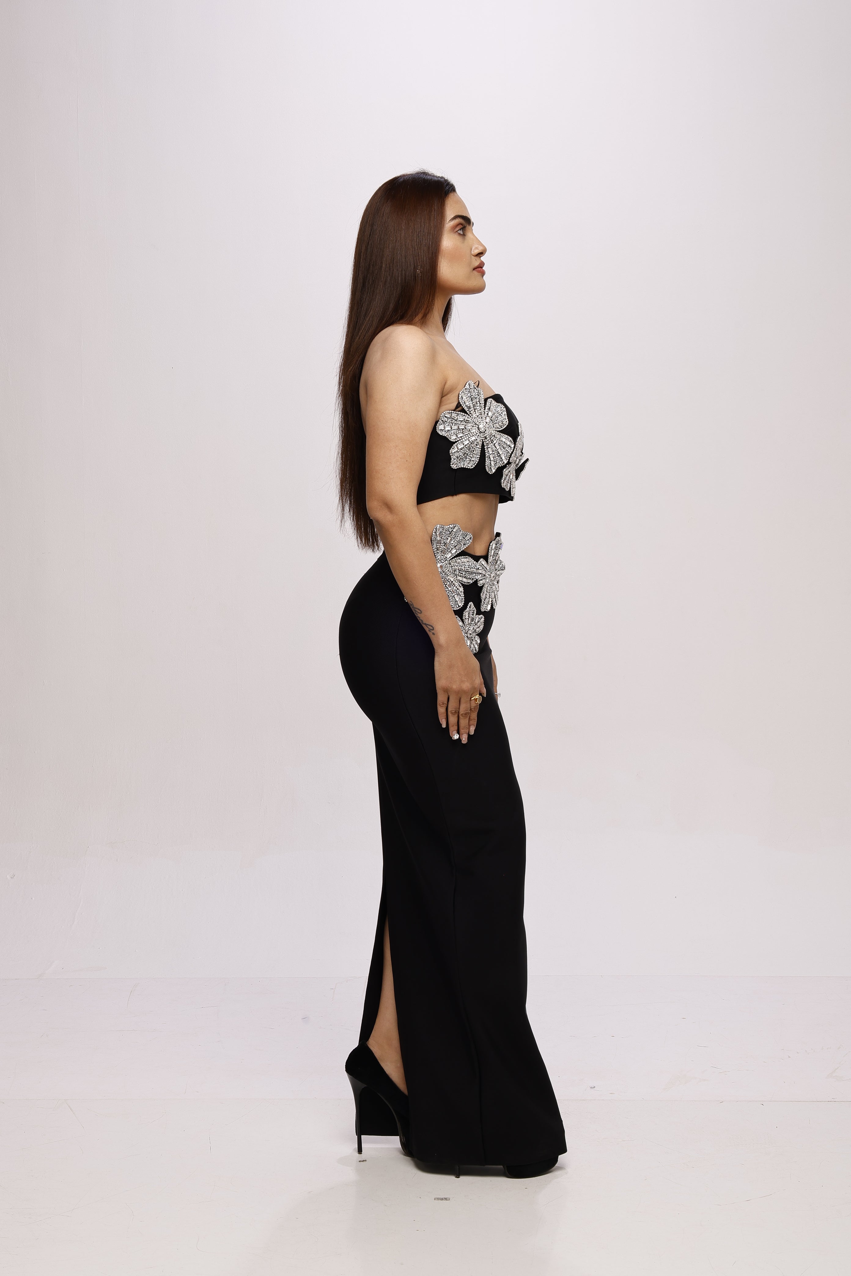 Black solid tube top and skirt bandage rhinestone co-ord set