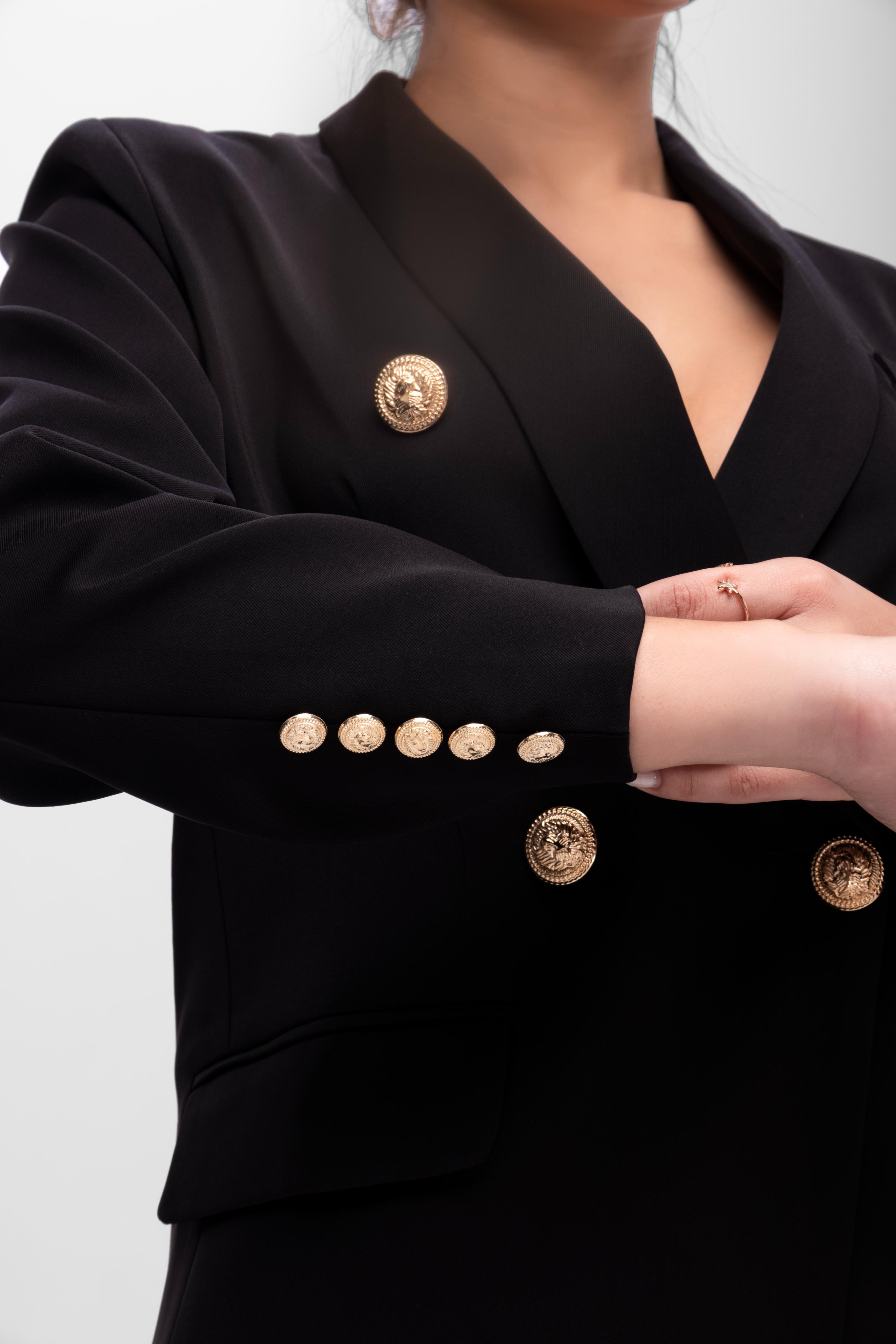 Solid fully lined lapel Collar long sleeve button closer blazer Black