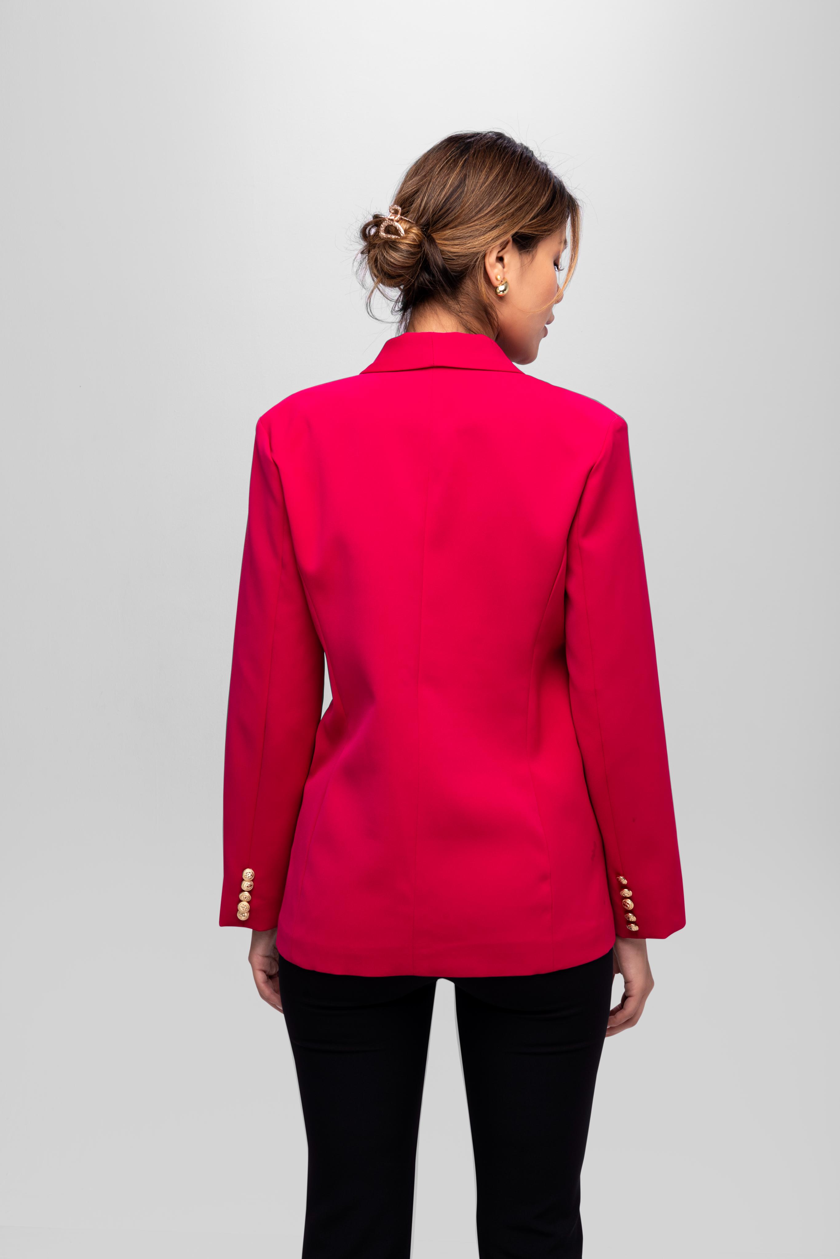 Solid fully lined lapel Collar long sleeve button closer blazer Rose Red