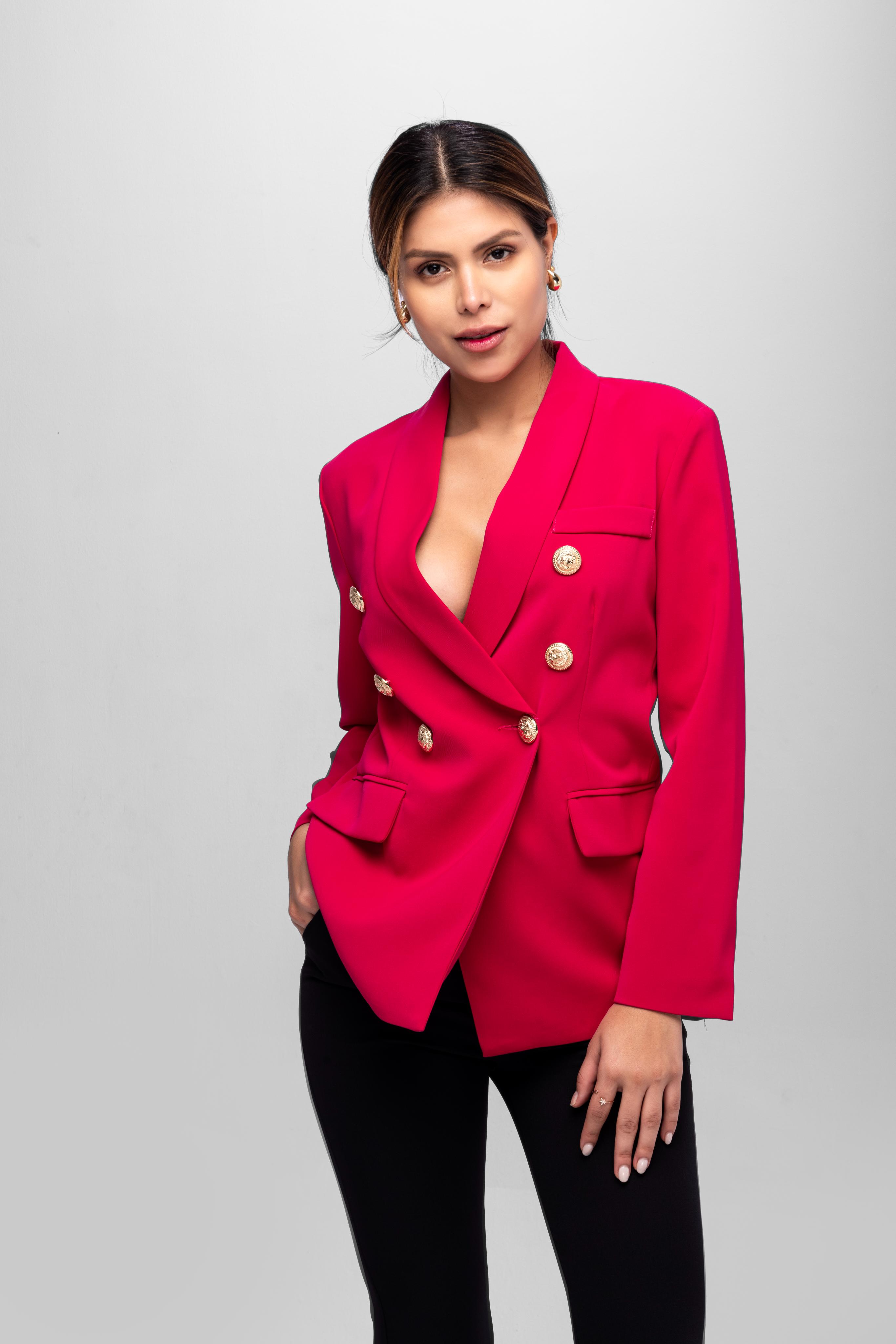 Solid fully lined lapel Collar long sleeve button closer blazer Rose Red