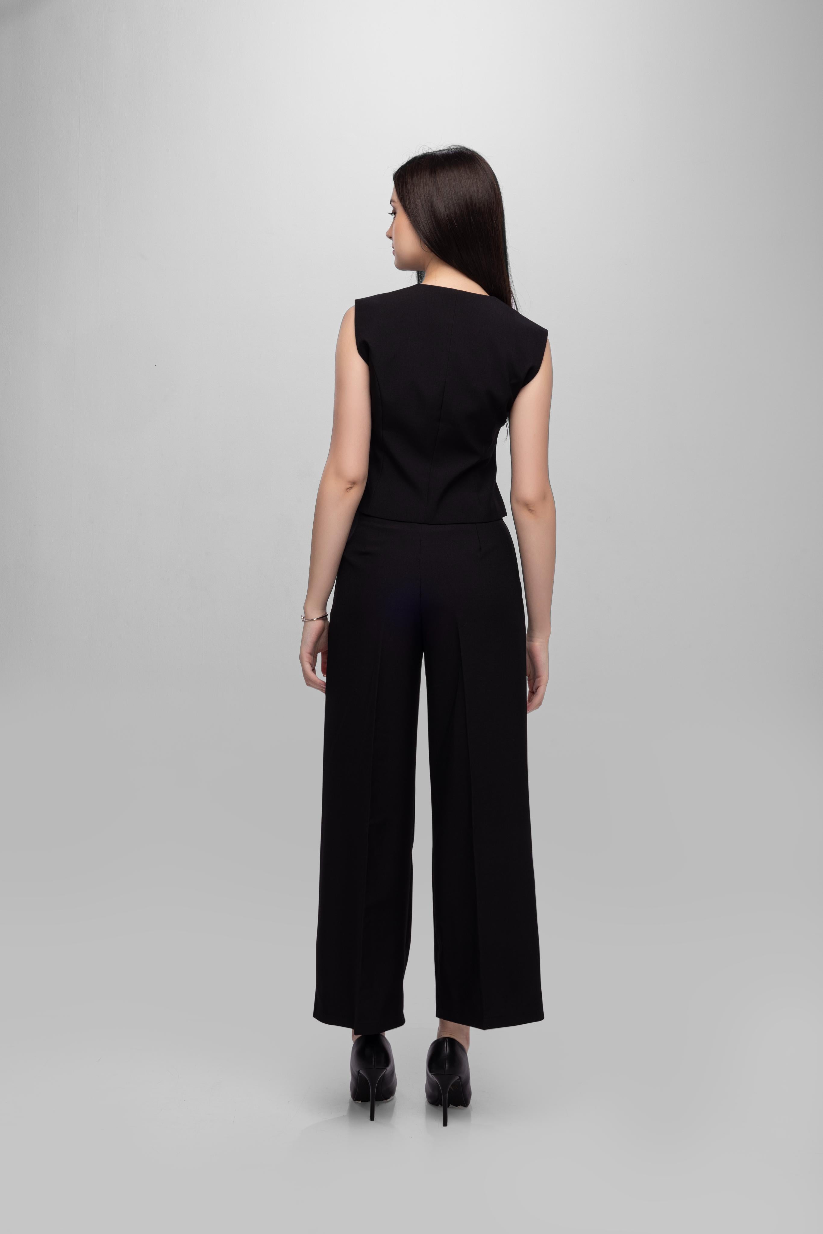 Solid sleeveless button closer Vest Pant Set Black