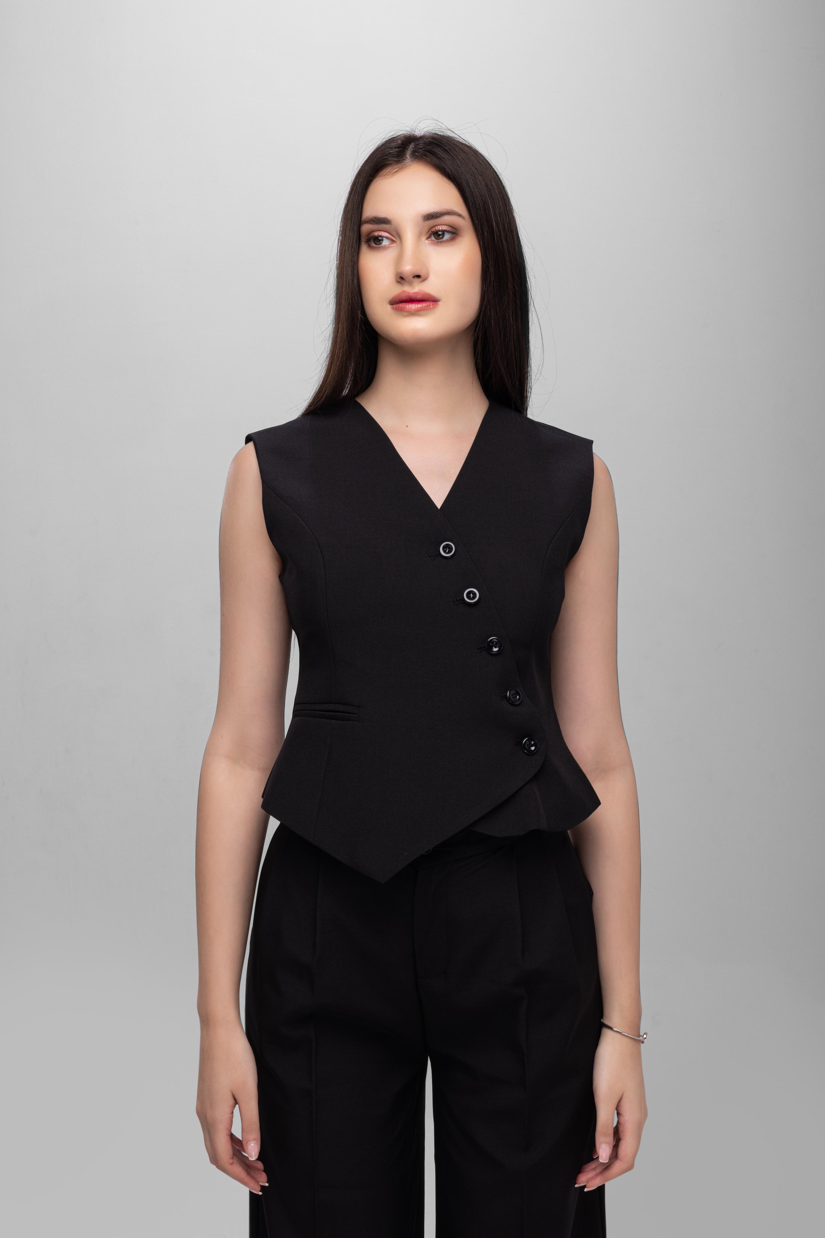 Solid sleeveless button closer Vest Pant Set Black