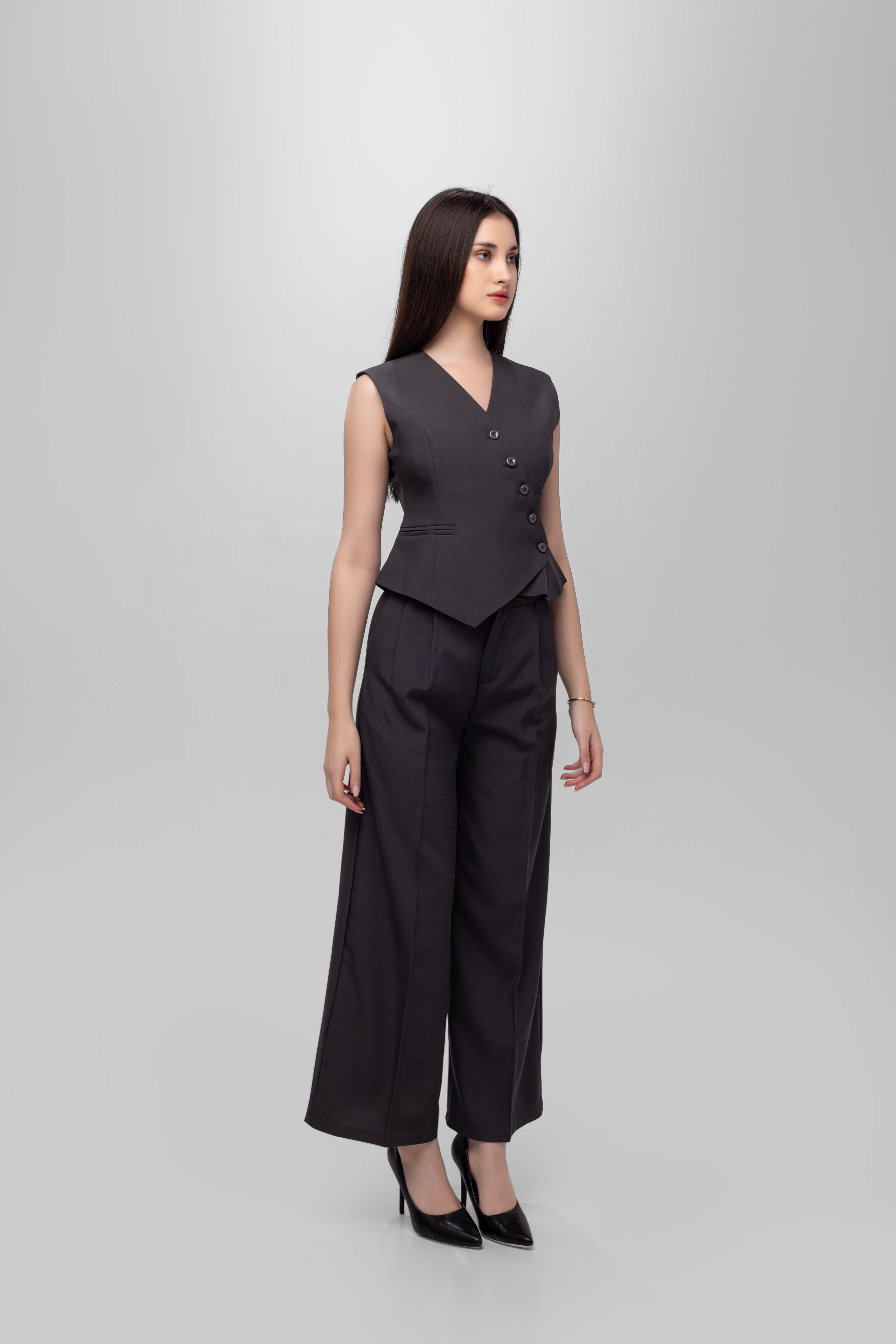 Solid sleeveless button closer Vest Pant Set Grey