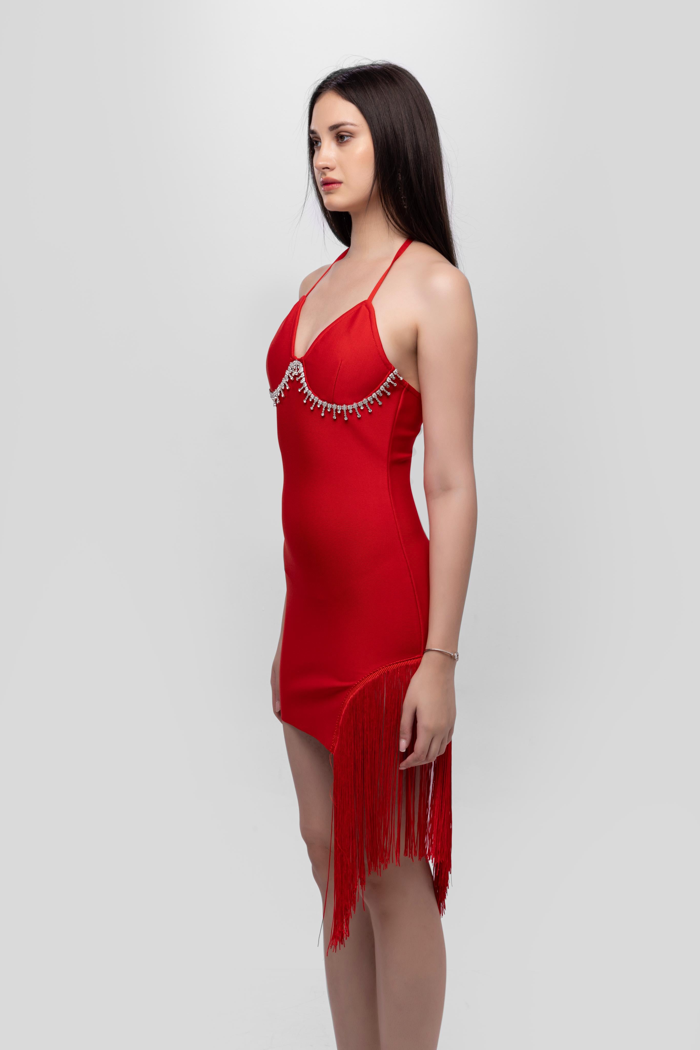 Solid Spaghetti Straps bandage mini dress Red