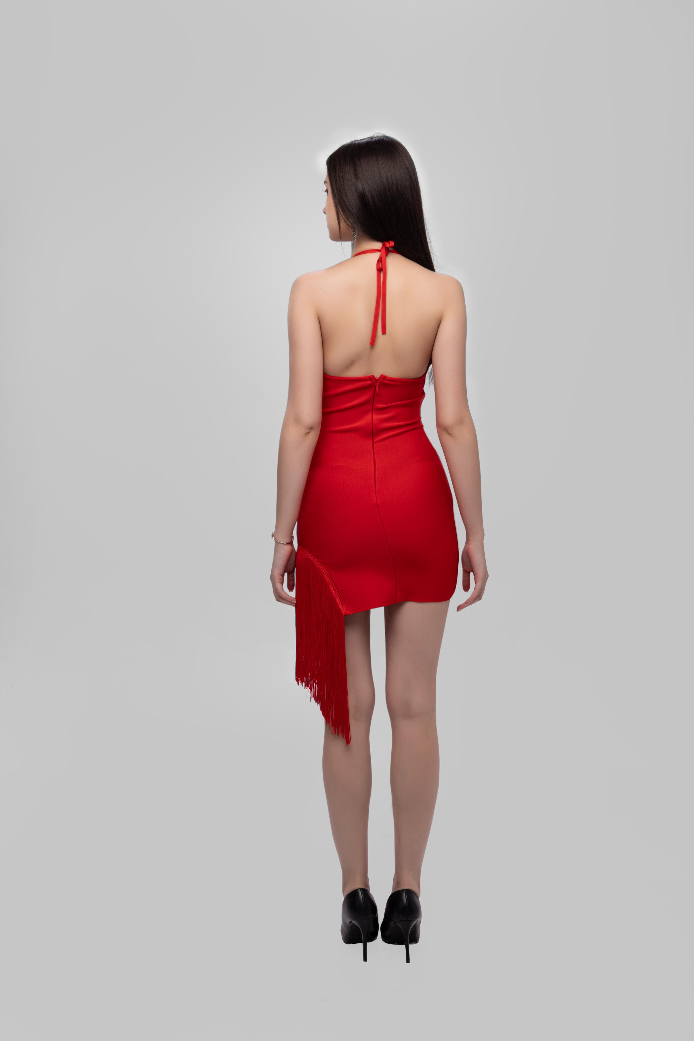 Solid Spaghetti Straps bandage mini dress Red