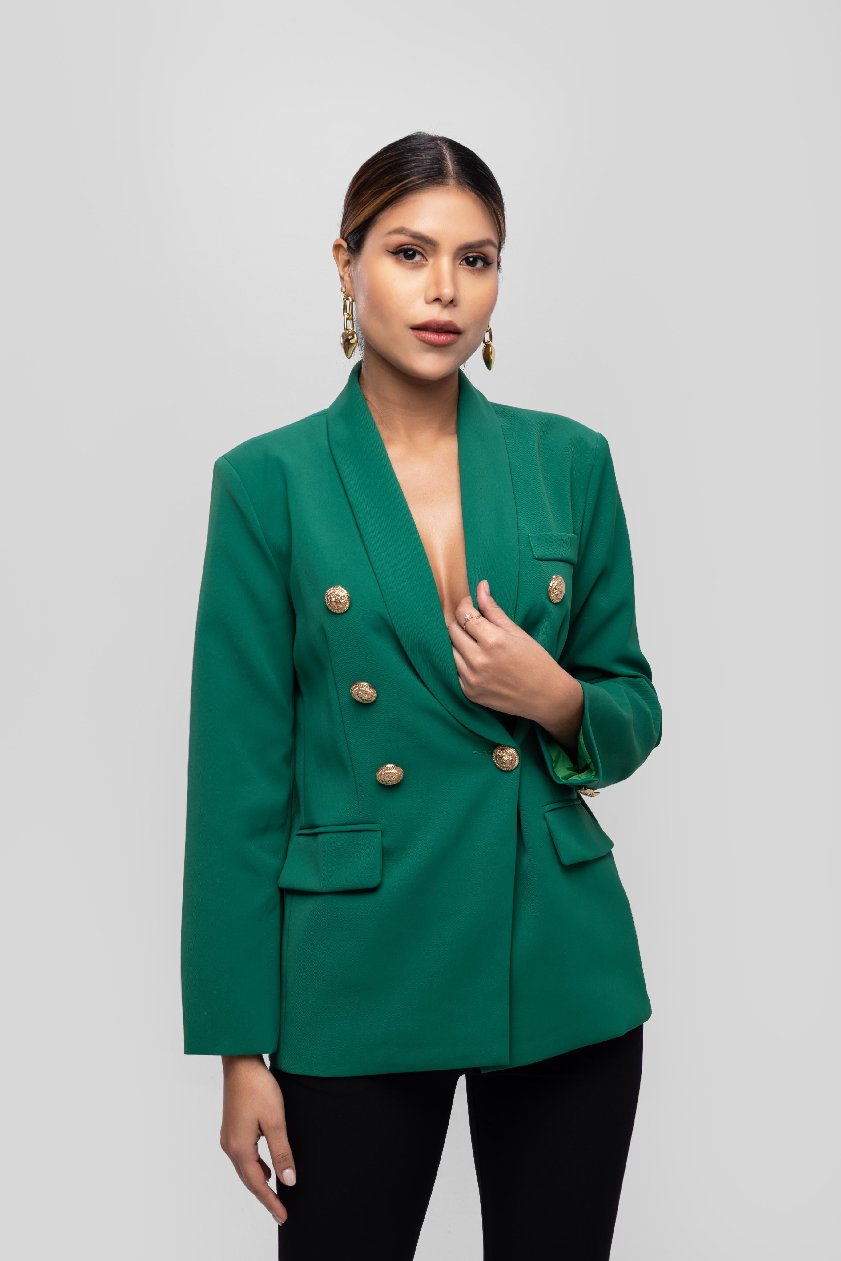 Solid fully lined lapel Collar long sleeve button closer blazer Green