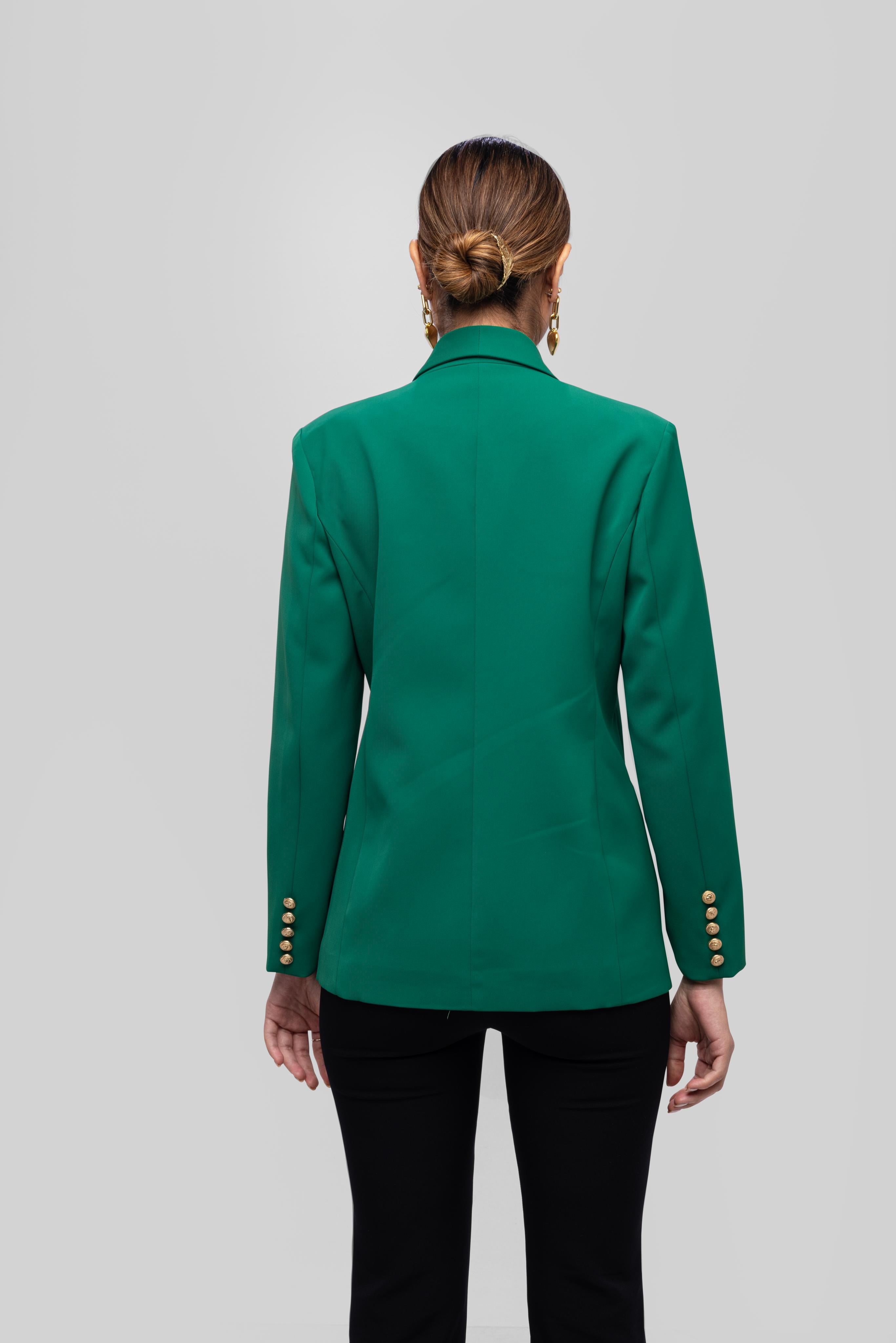 Solid fully lined lapel Collar long sleeve button closer blazer Green