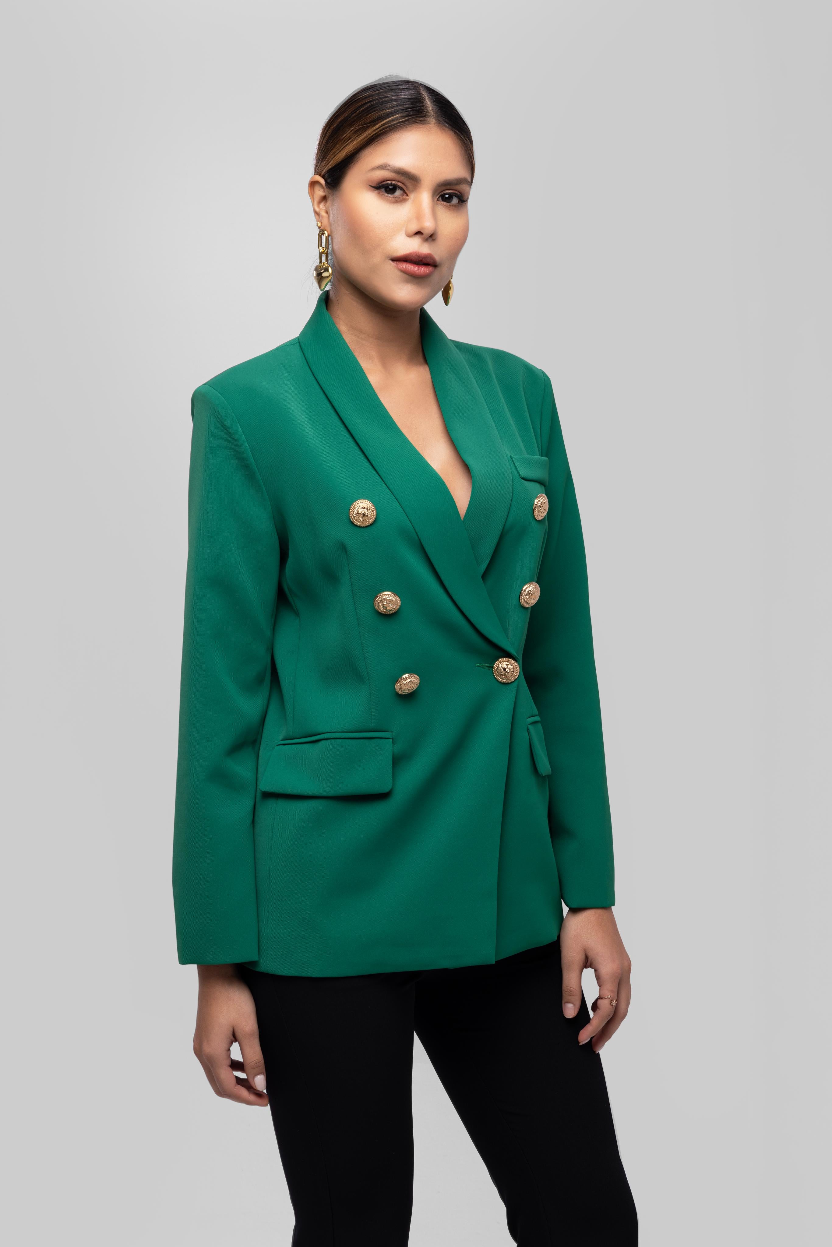 Solid fully lined lapel Collar long sleeve button closer blazer Green