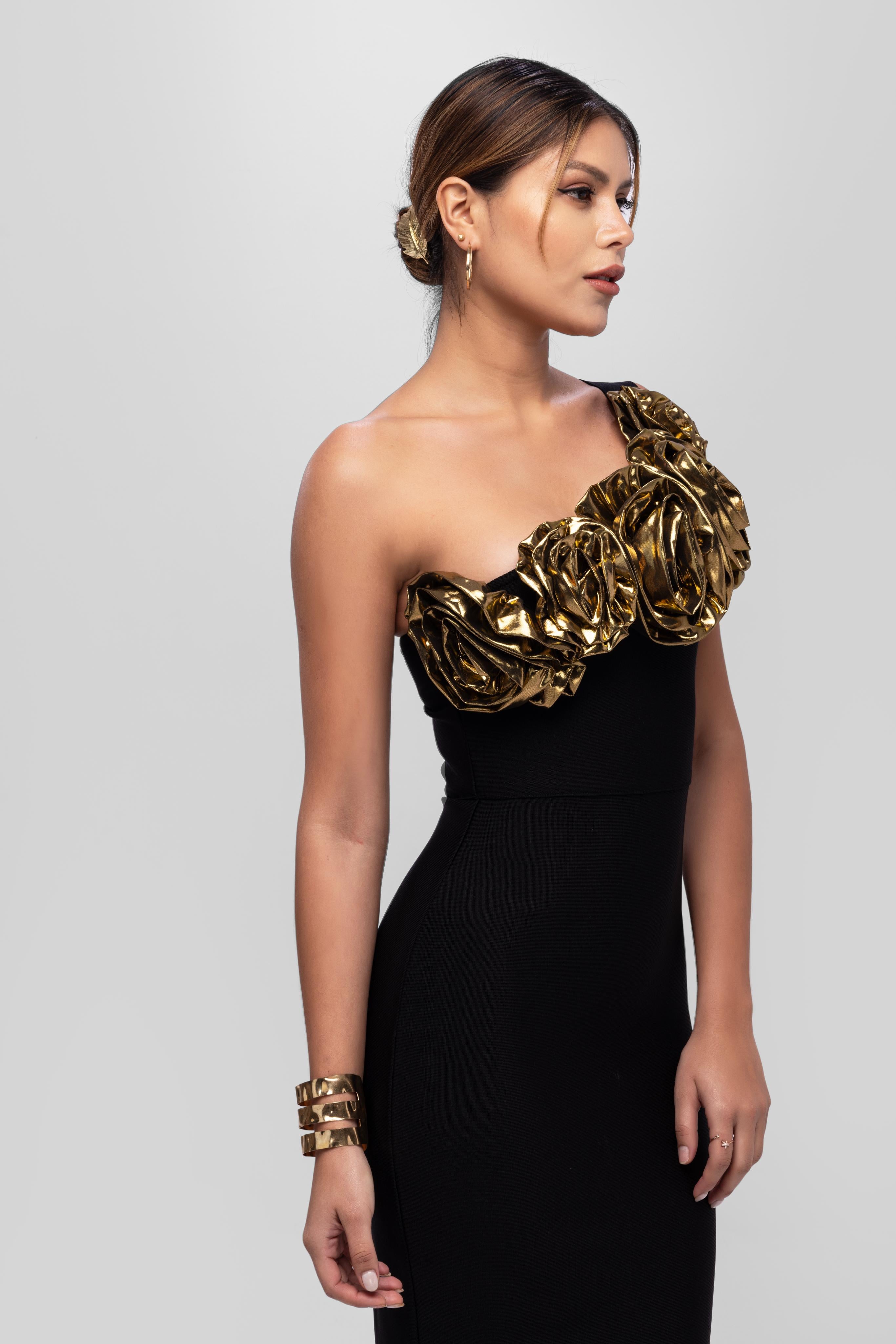 Solid Bandage flower midi dress Black