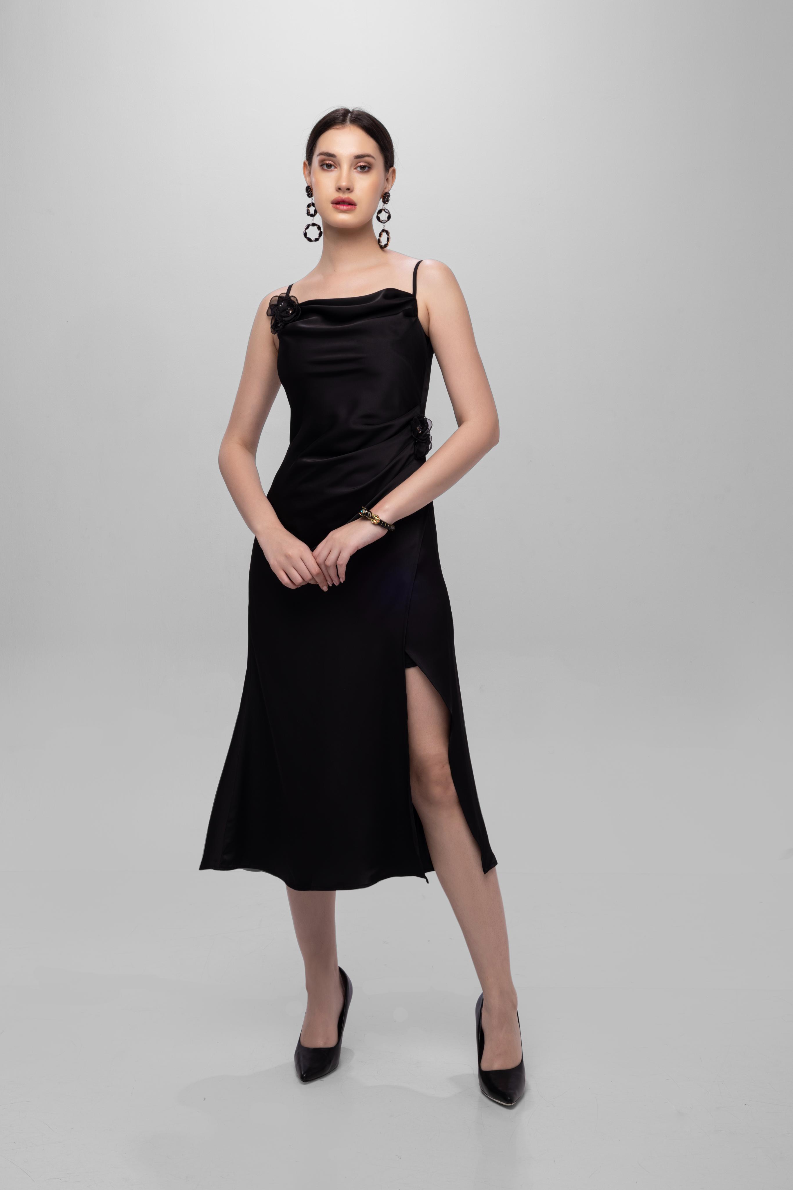 Solid Spaghetti Straps satin midi dress Black