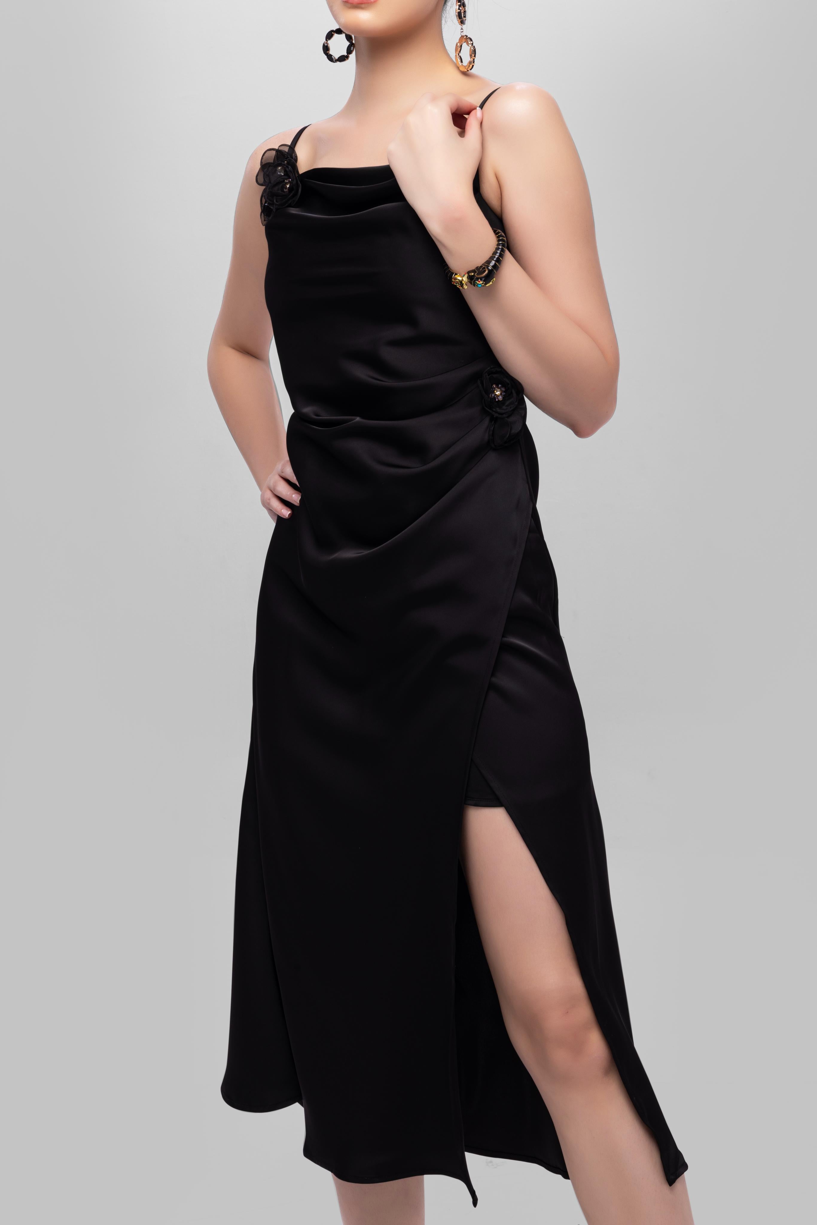 Solid Spaghetti Straps satin midi dress Black