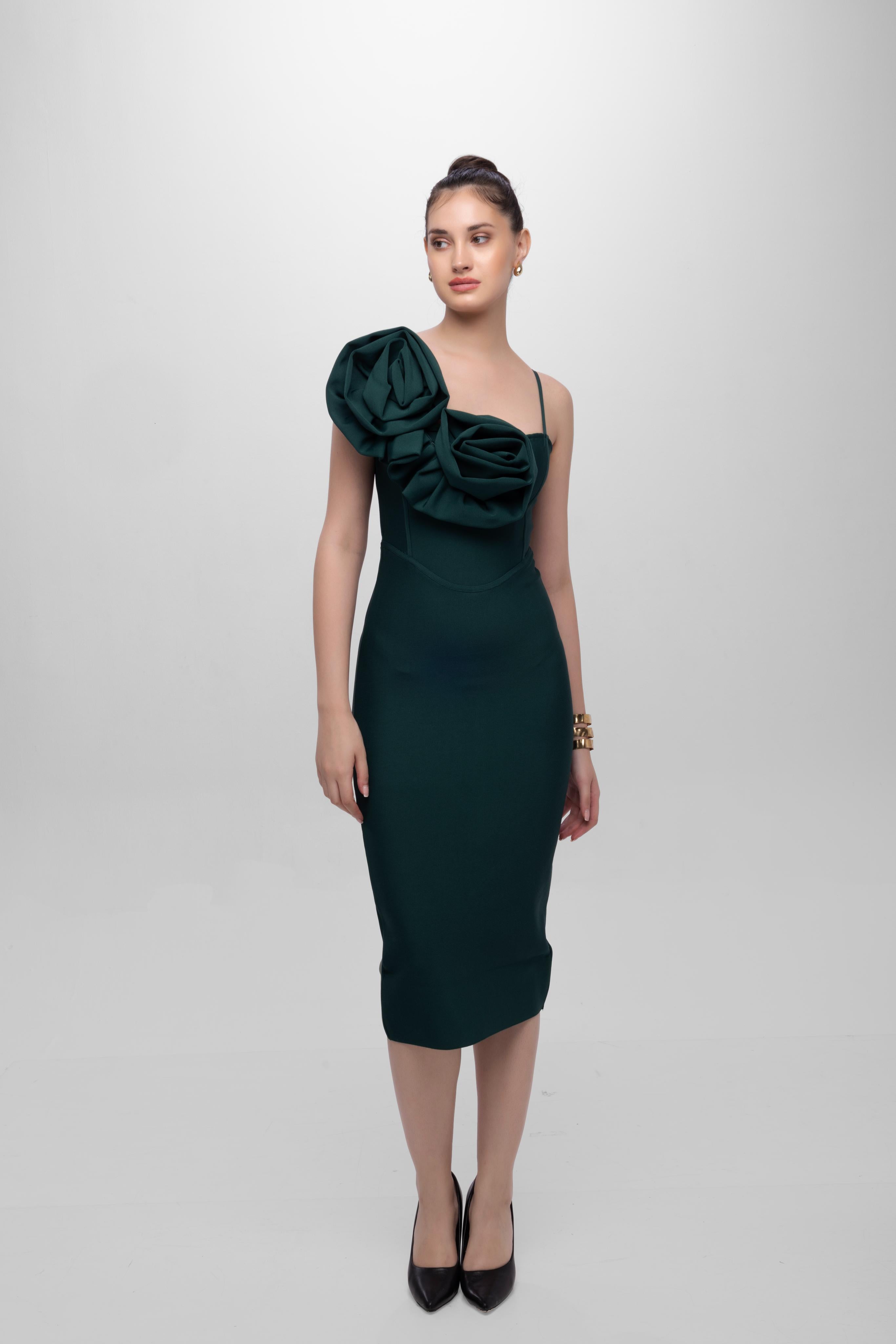 Solid Bandage flower one shoulder midi dress Green