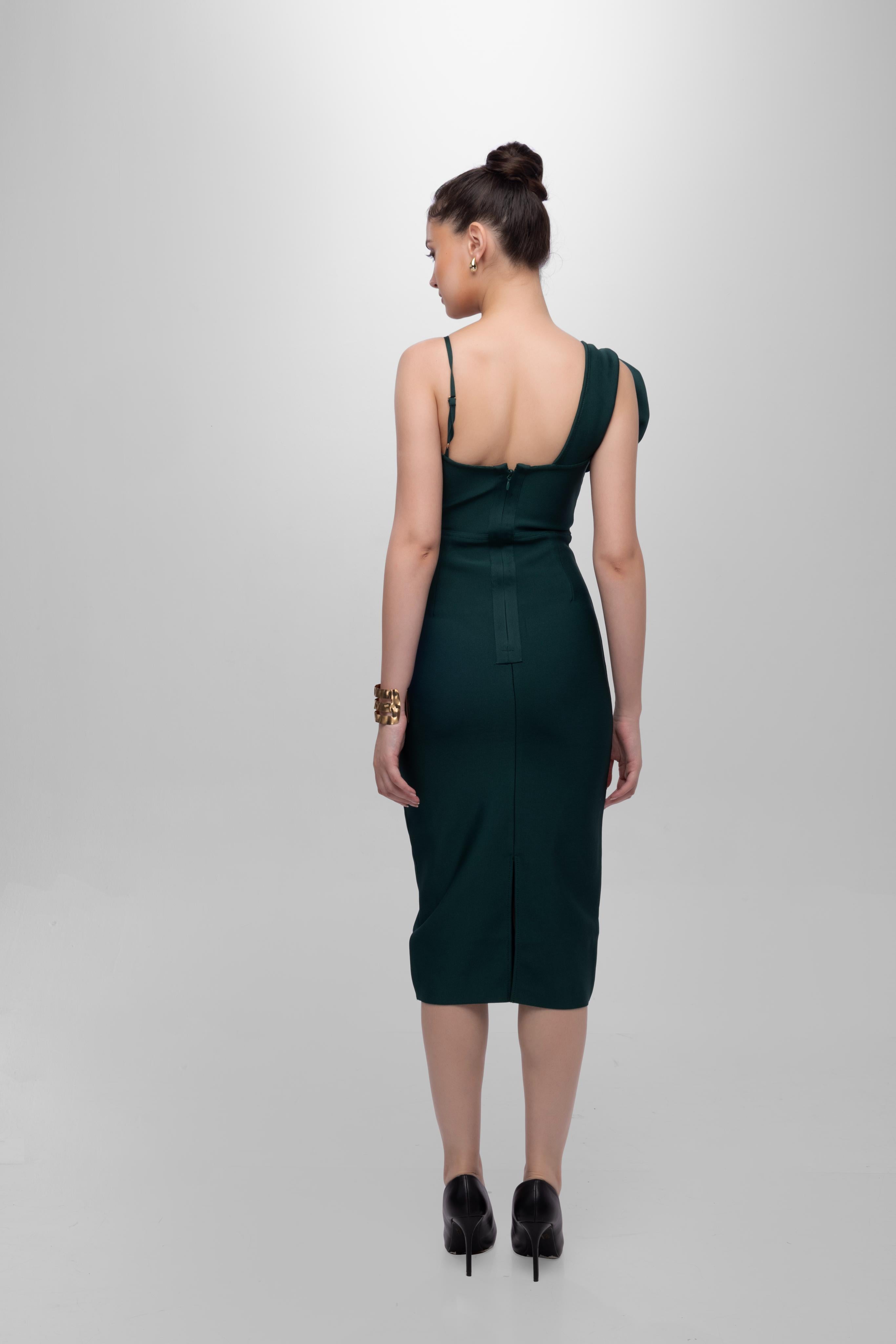 Solid Bandage flower one shoulder midi dress Green