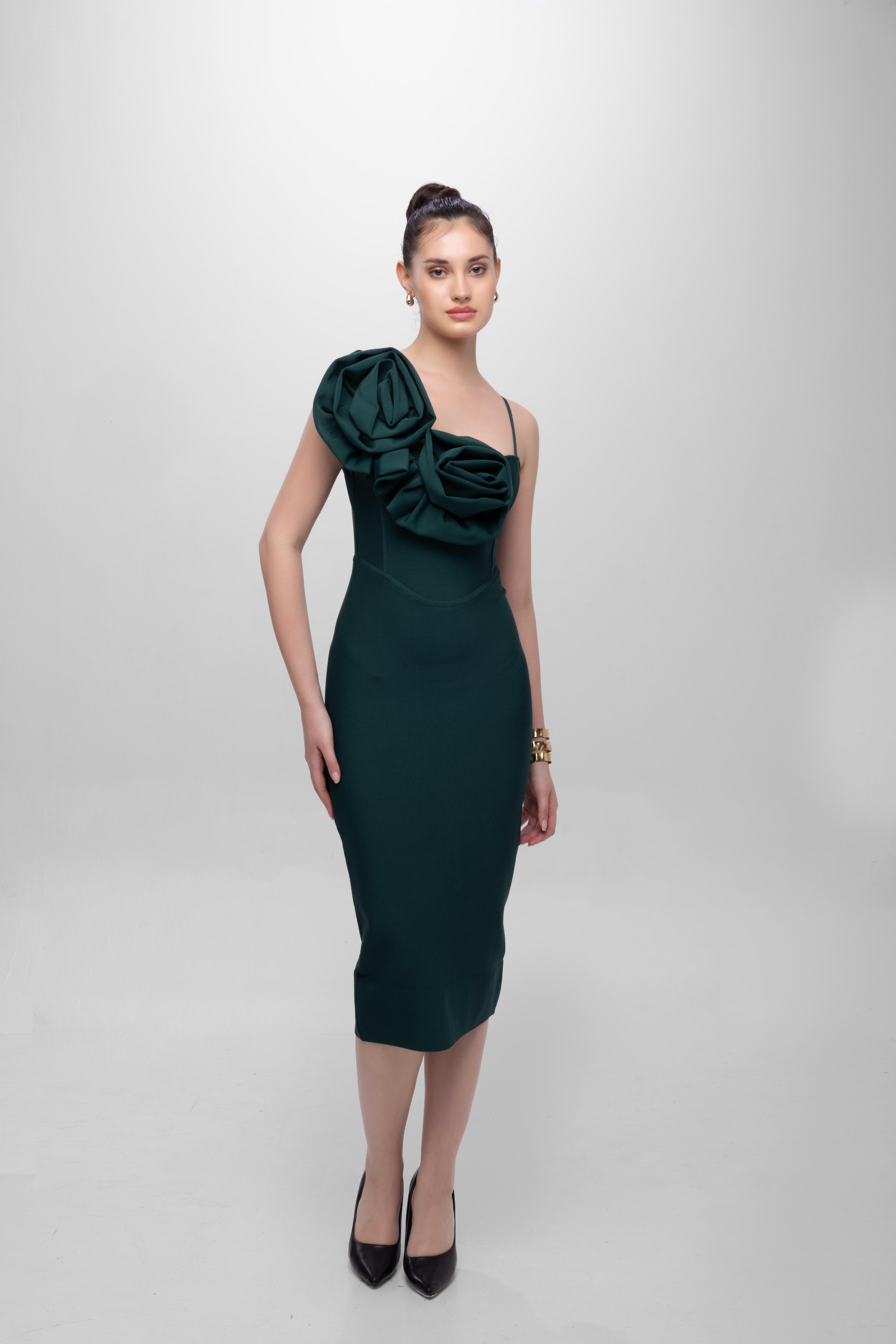 Solid Bandage flower one shoulder midi dress Green