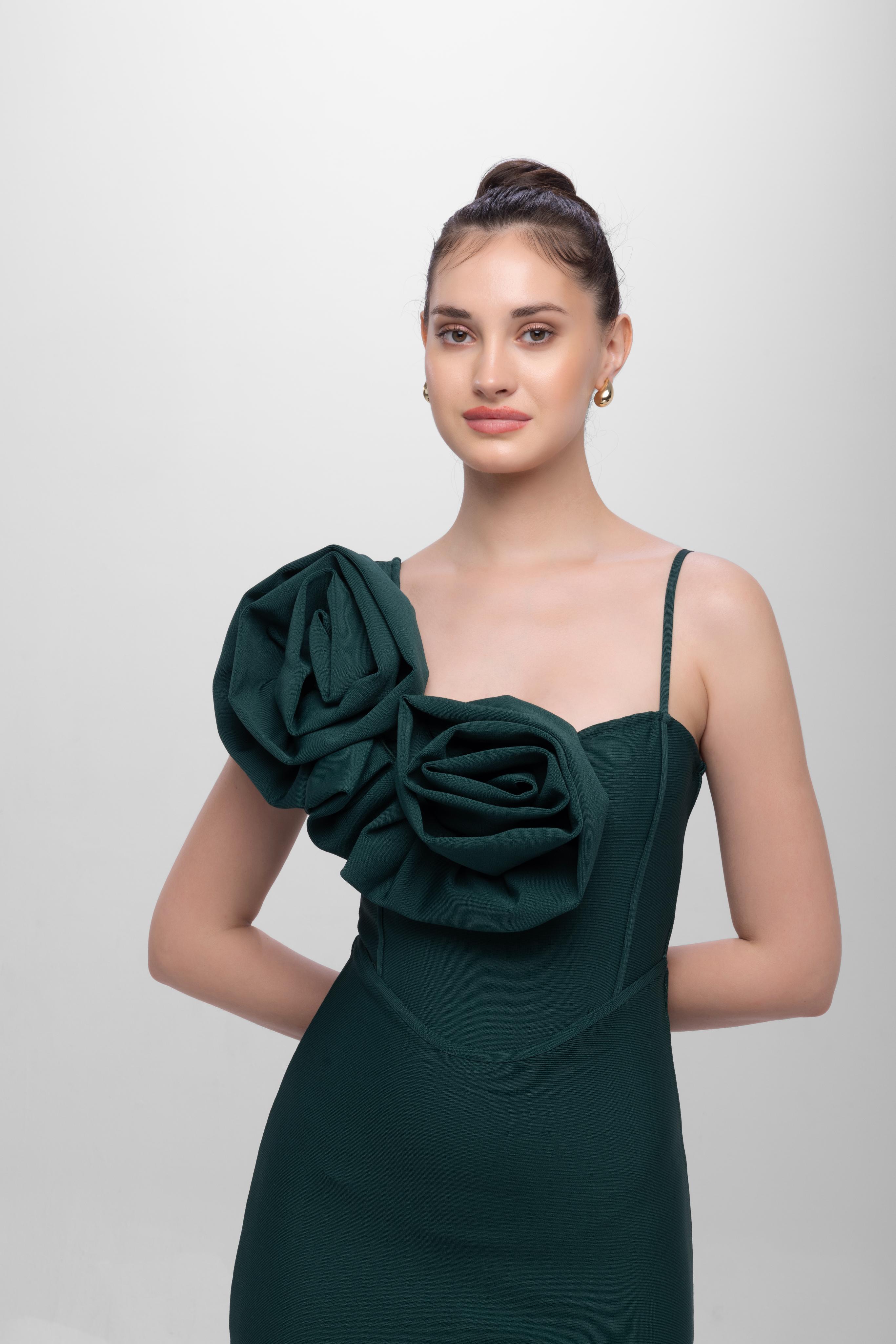 Solid Bandage flower one shoulder midi dress Green
